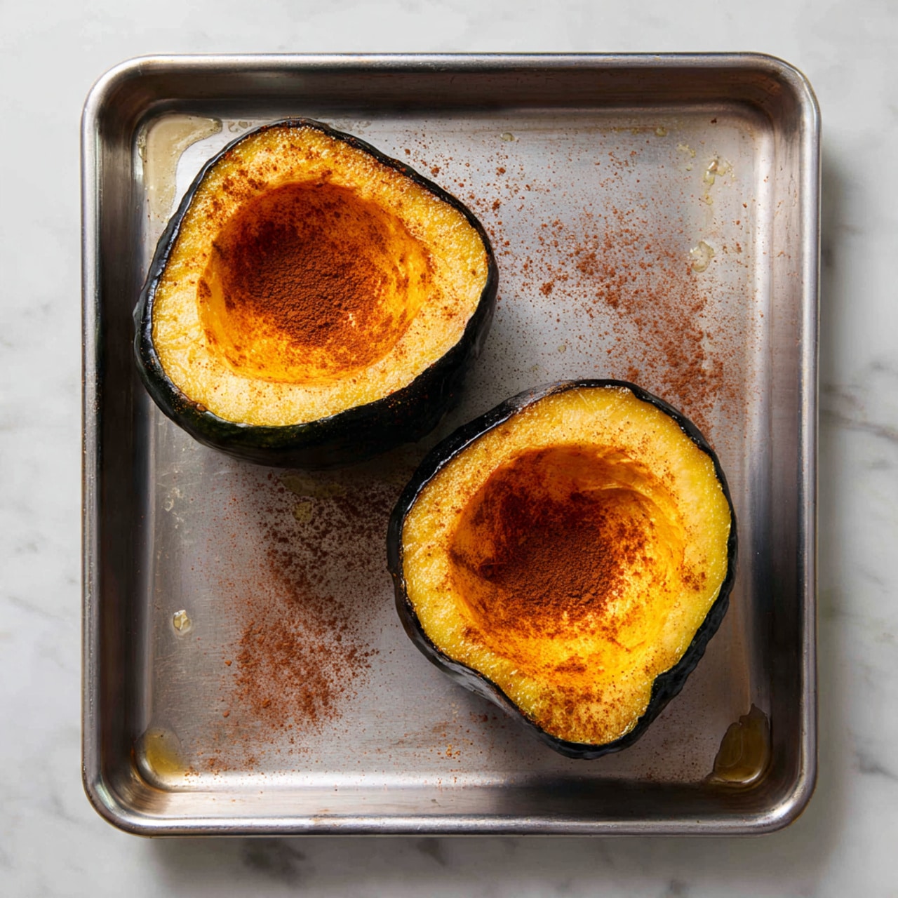 The image shows two halves of dark green squash placed on wooden rounds on a white marbled surface. Each squash half is filled with a thick layer of light beige quinoa mixed with small white pieces of cheese and bright red dried cranberries scattered on top. The squash’s skin is dark green with a slightly charred, caramelized orange inside edge. A woman's hand holding a fork is picking at one piece of the squash and quinoa mix from the front half. Around the wooden rounds, there are a few scattered pecans and cheese pieces. The background is softly blurred with warm brown tones, making the food the main focus. photo taken with an iphone --ar 4:5 --v 7