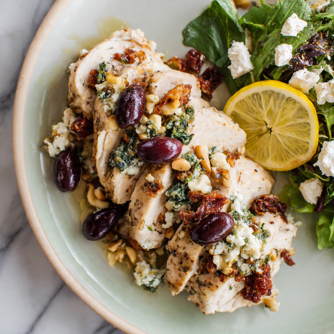 A white plate on a white marbled surface holds two main layers of lightly browned fish fillets seasoned with herbs, featuring a slightly crispy texture. On top of the fillets is a colorful layer of chopped black olives, sun-dried tomatoes, crumbled white cheese, pine nuts, and fresh green parsley leaves, adding texture and vibrant colors. To the upper right side of the plate are two thin lemon slices placed flat. In the background, there is a side of mixed salad with green leaves, grape halves and white cheese. Photo taken with an iphone --ar 4:5 --v 7