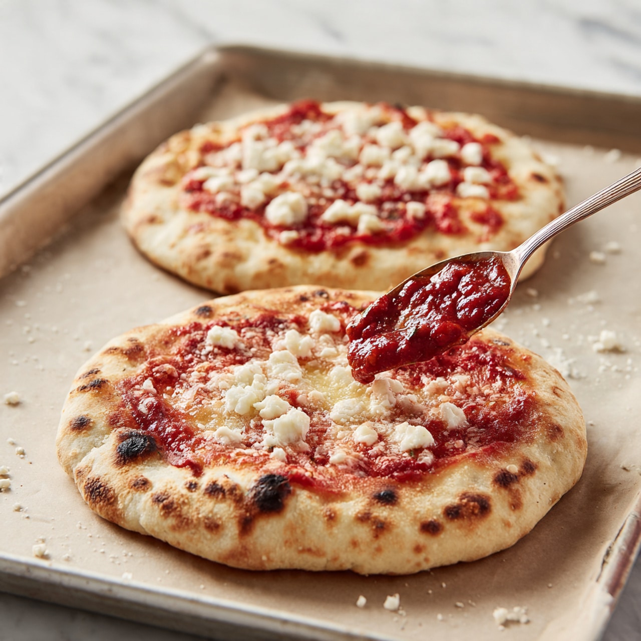 The image shows two small round flatbreads on a light beige baking tray placed on a white marbled surface. The flatbreads have slightly toasted edges with a few brown spots, and one flatbread in the front is being spread with a red tomato sauce by a woman's hand holding a spoon. The flatbread in the back already has tomato sauce spread on it and small white pieces of cheese scattered evenly on top. The scene captures the preparation process of these flatbreads, focusing on the contrasting red sauce, white cheese, and the golden-baked dough. photo taken with an iphone --ar 4:5 --v 7