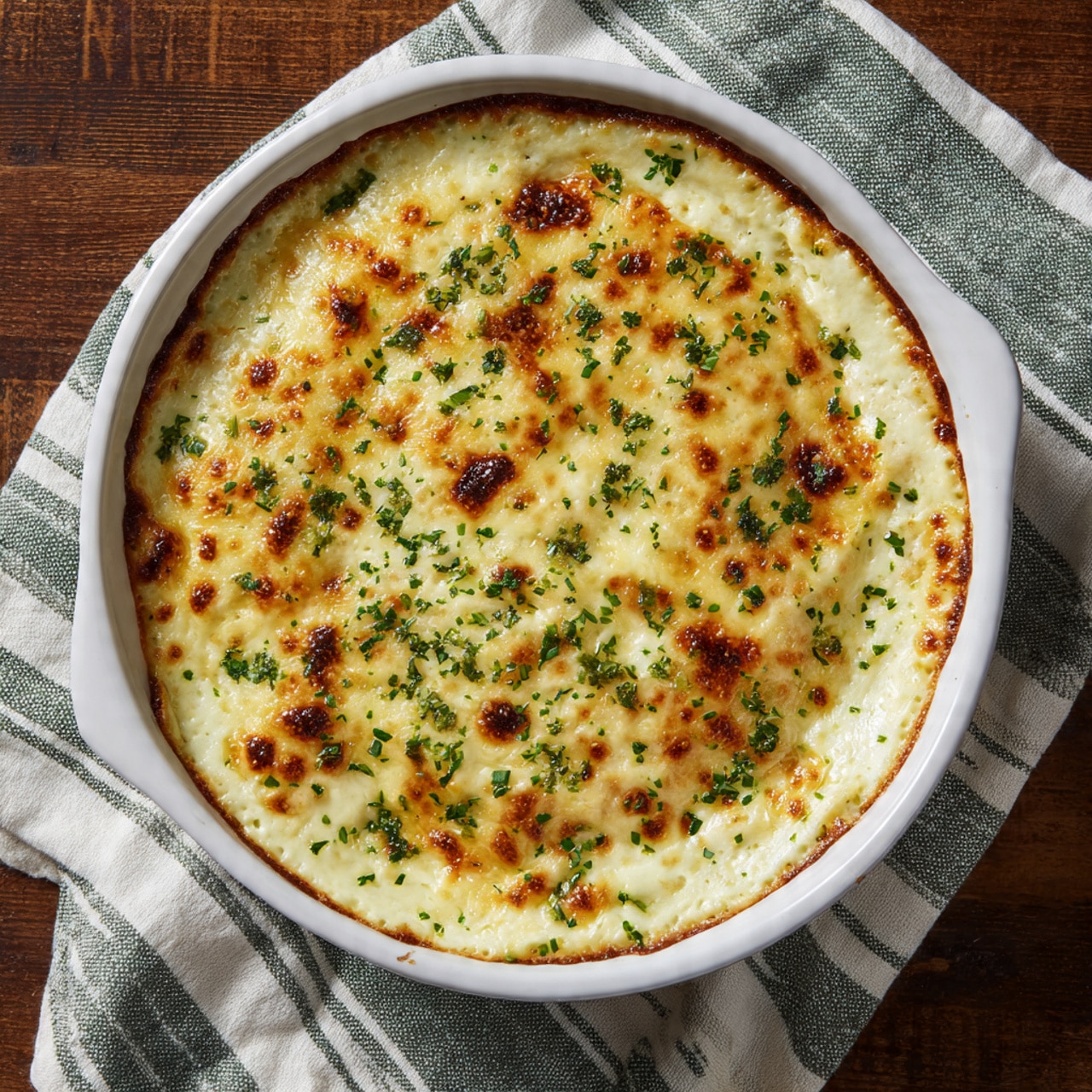 A white oval dish holds a baked dish with two visible layers: the bottom layer is creamy white and smooth, while the top layer is a golden orange cheese crust dotted with scattered green herbs. The cheese layer shows some bubbling and slight browning, indicating it is hot and melted. A woman's hand with a spoon is scooping from the side, revealing the creamy layer beneath. The dish rests on a dark fabric on a white marbled surface, with a basket of bread blurred in the background. photo taken with an iphone --ar 4:5 --v 7
