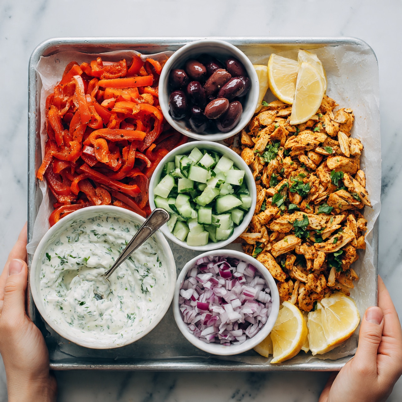 A white plate holds a colorful layered dish on a white marbled surface. At the bottom right is a warm round flatbread with browned spots. To the left, there are small pieces of golden brown cooked chicken, topped with a white creamy sauce with green herbs. Above the chicken, a mix of small cucumber cubes and bright red roasted bell pepper strips are placed. Near the flatbread, there are dark purple olives and a bright yellow lemon wedge on the edge of the plate. A woman's hand holds a fork about to pick up some chicken under the sauce. Photo taken with an iphone --ar 4:5 --v 7