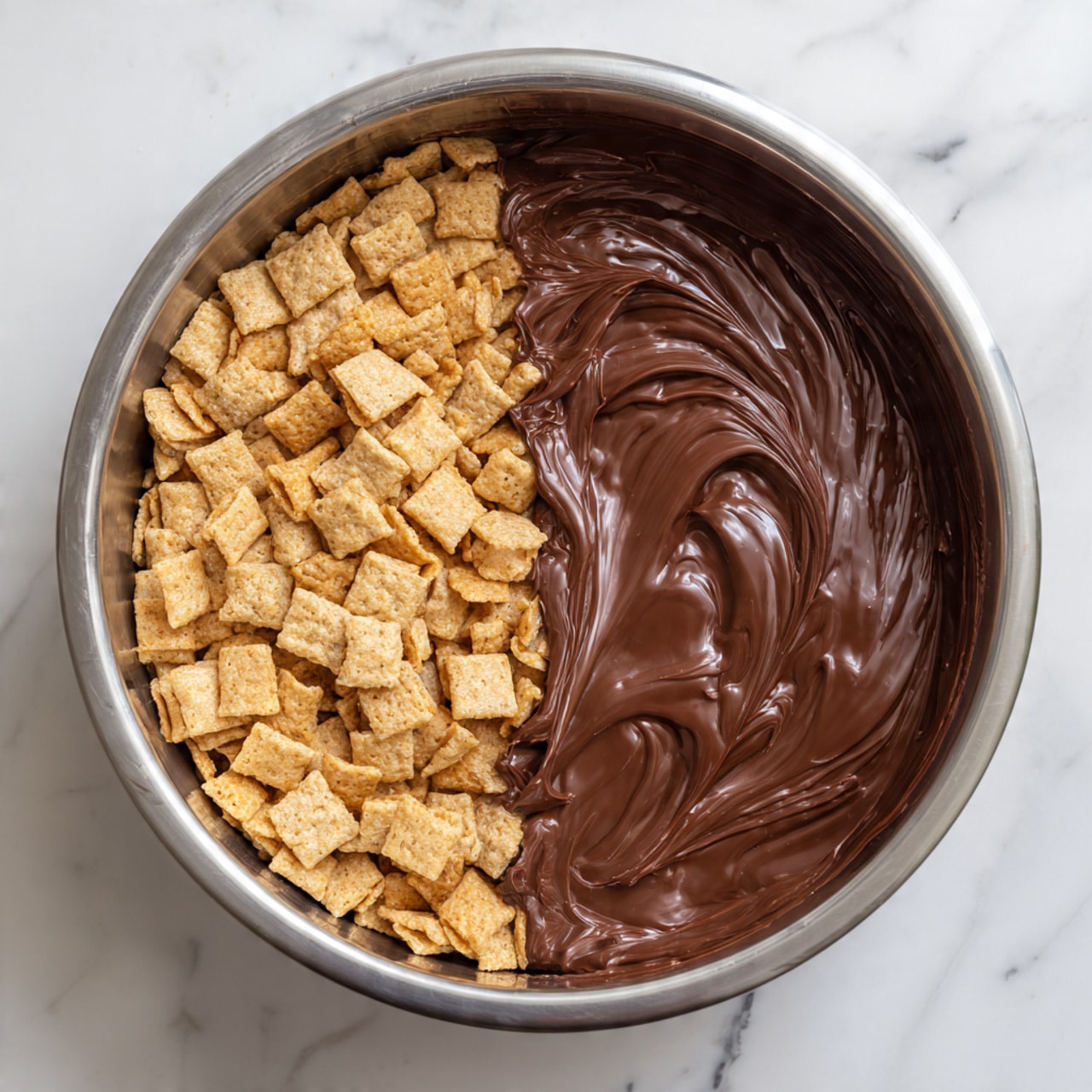 A large metal bowl filled with two layers: the bottom layer has light brown, square cereal pieces with a slightly rough texture, and the top layer is a thick, shiny dark brown chocolate mixture spread unevenly on one side, showing smooth swirls and rich gloss. The bowl sits on a white marbled surface. photo taken with an iphone --ar 4:5 --v 7
