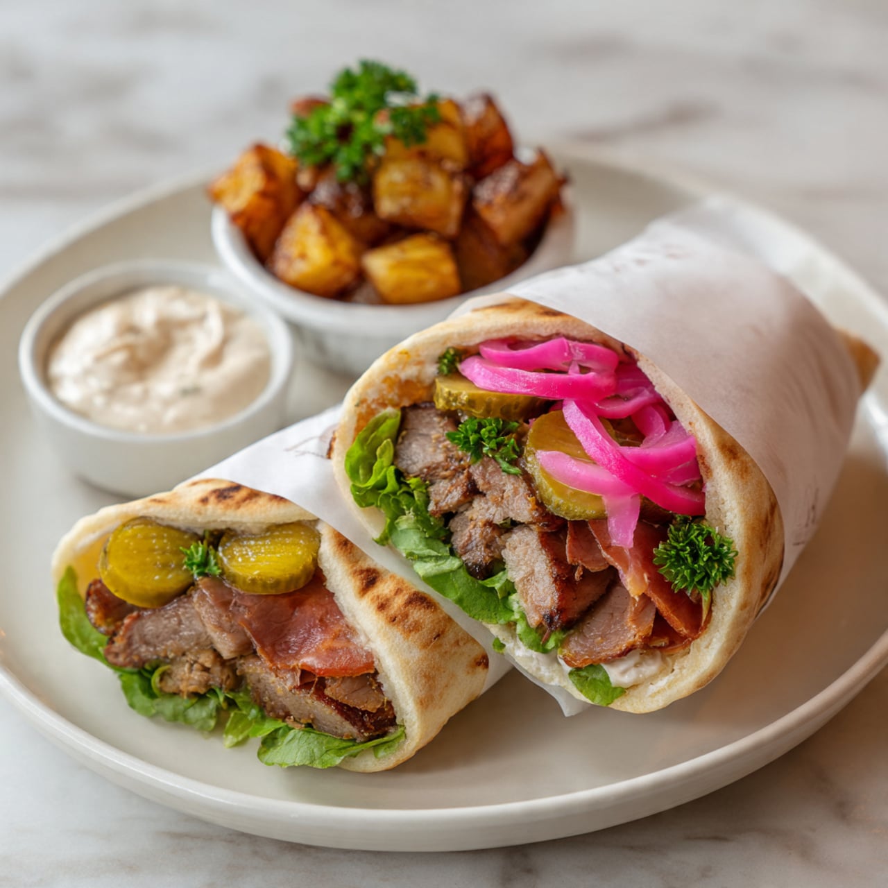 The image shows a wrapped pita sandwich on a white plate with a white marbled surface beneath. The pita sandwich is partially wrapped in white paper, revealing layers inside: the bottom layer is green leafy lettuce, followed by tender slices of cooked meat with a reddish-brown color, topped with golden grilled onions and diced pickles that are light green. There are bright pink pickled vegetables and red tomato slices on top, with a few green parsley leaves adding a fresh touch. Next to the sandwich, on the plate, there is a small white bowl filled with browned diced potatoes and possibly onions, and another small bowl with creamy white sauce. The colors are warm and fresh, suggesting a tasty and hearty meal. Photo taken with an iphone --ar 4:5 --v 7