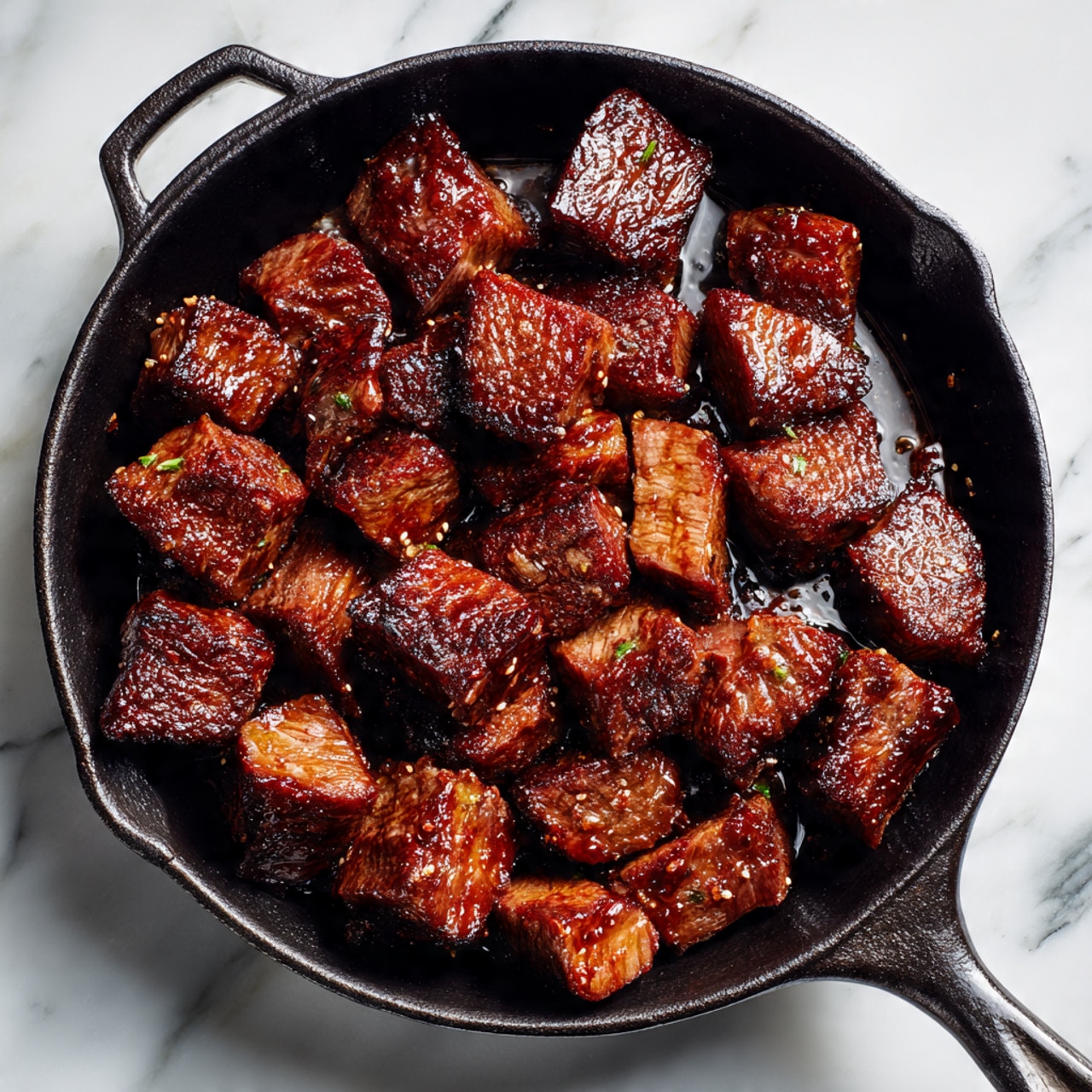 A round black cast iron pan filled with many pieces of cooked meat arranged closely together, showing a rich dark brown color with a slightly crispy texture on the edges. The meat pieces have irregular shapes and some slight shine from the cooking juices. The pan handle extends from the right side and the pan sits on a white marbled surface. photo taken with an iphone --ar 4:5 --v 7