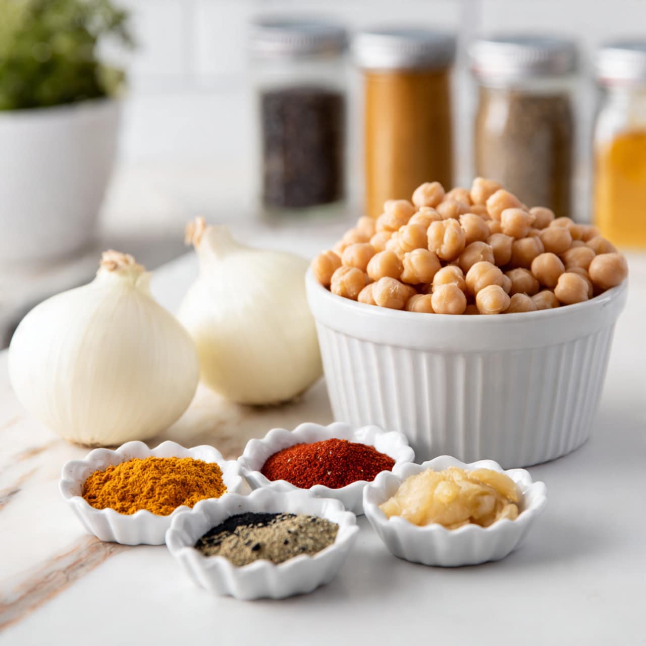 The image shows a white bowl filled with light brown chickpeas positioned at the back right. In front of it, there are two white half onions with smooth texture placed side by side on a white marbled surface. Next to the onions, there are two small white scalloped dishes: one holds a mix of colorful spices including red, orange, black, and green powders neatly separated in sections, while the other contains two pale yellow dollops of minced garlic and ginger paste. The background features blurred spice jars and a white planter, creating a clean kitchen vibe. Photo taken with an iphone --ar 4:5 --v 7