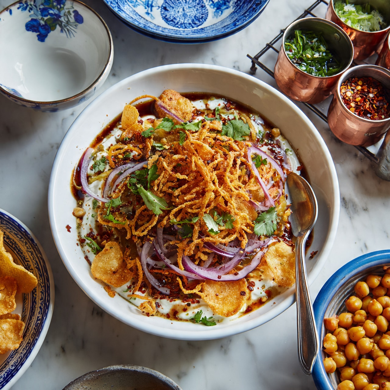 The dish is served in a white bowl with small black speckles, placed on a white marbled surface. The first layer inside is crispy, golden broken chips spread across the bowl. On top, there are scattered fresh green cilantro leaves and rings of fresh purple-red onion. There are thin drizzles of dark brown tamarind sauce and vibrant green mint chutney adding a smooth texture and contrast. The layers are sprinkled with red chili flakes and a light dusting of ground spices. A silver spoon rests inside the bowl, positioned near the edge. In the background, there are copper small containers with finely chopped purple onions, yellow sev, and sliced green chilies. photo taken with an iphone --ar 4:5 --v 7