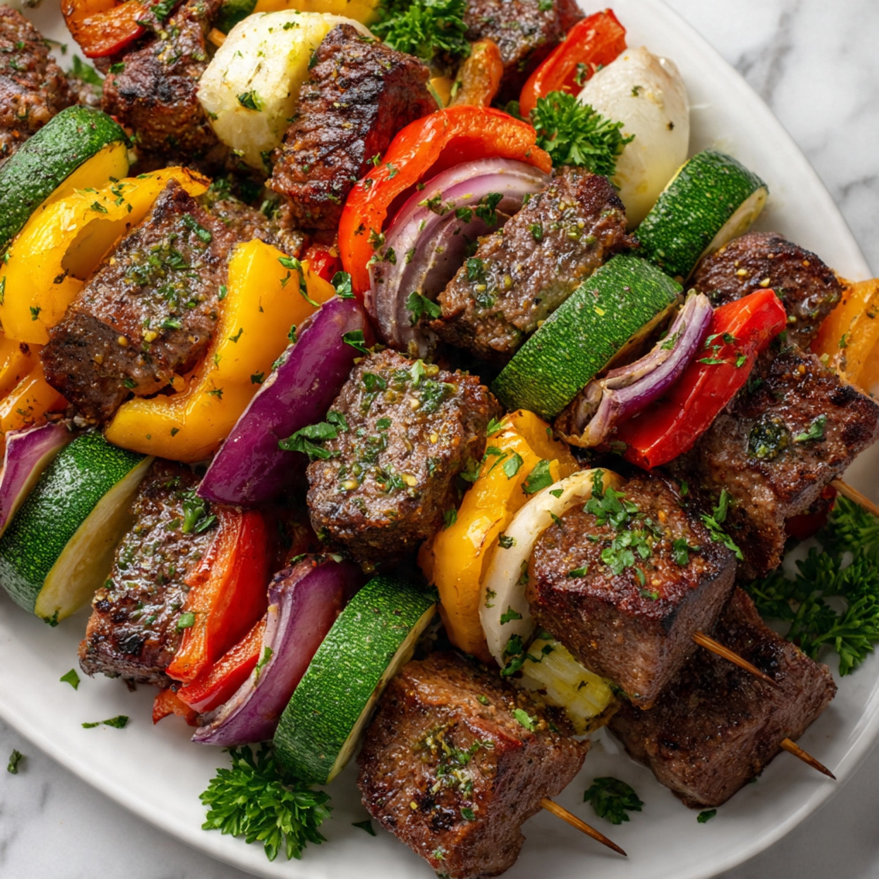 The image shows several skewers of grilled meat and vegetables arranged on a white oval plate. Each skewer has large cubes of brown, seasoned grilled meat, alternating with thick slices of green zucchini, chunks of yellow, red, and green bell peppers, and pieces of purple onion. The vegetables and meat have a slightly charred texture from grilling. Fresh green parsley is scattered around the edges of the plate, which rests on a white marbled surface. The overall look is colorful with a mix of rich brown, bright yellow, red, green, and purple tones. Photo taken with an iphone --ar 4:5 --v 7