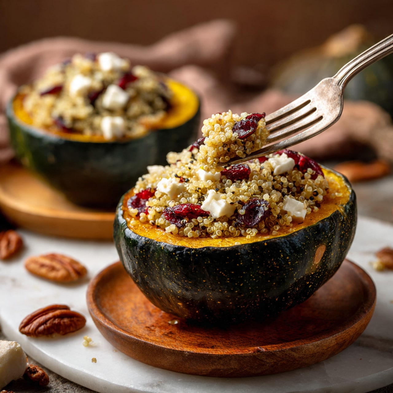 The dish shows a halved roasted squash with a charred dark outer skin and bright orange interior, topped with a layer of beige cooked quinoa mixed with dried red cranberries and small white cheese pieces scattered on top. The squash sits on a round wooden board, beside a few pecan nuts and cranberries. In the background, there is a light beige textured cloth and another similar wooden board with another stuffed squash half, along with a wooden bowl filled with pecan nuts. The scene is set on a white marbled surface. photo taken with an iphone --ar 4:5 --v 7