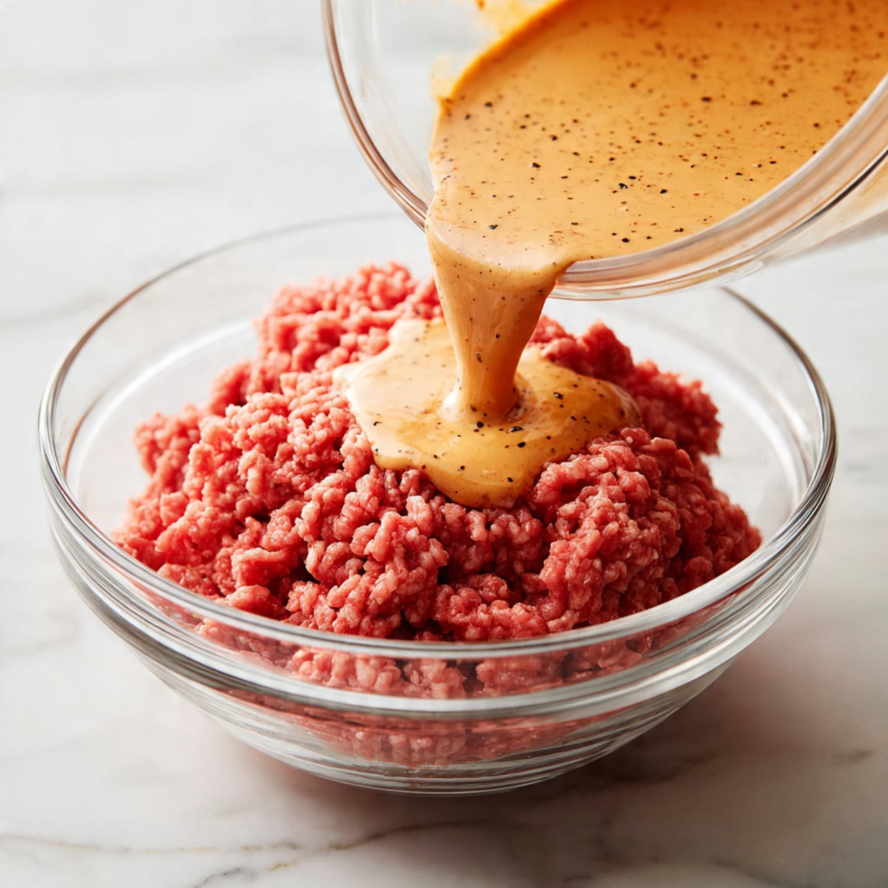 A clear glass bowl filled with a large amount of raw ground meat with a pink-red color, sitting on a white marbled surface. Next to this bowl, a smaller clear glass bowl is tilted, pouring a creamy orange sauce mixed with black specks into the meat. The meat has a coarse texture and the sauce looks smooth with some small spices floating in it. The background shows the white marbled texture clearly, giving a clean and bright look. photo taken with an iphone --ar 4:5 --v 7
