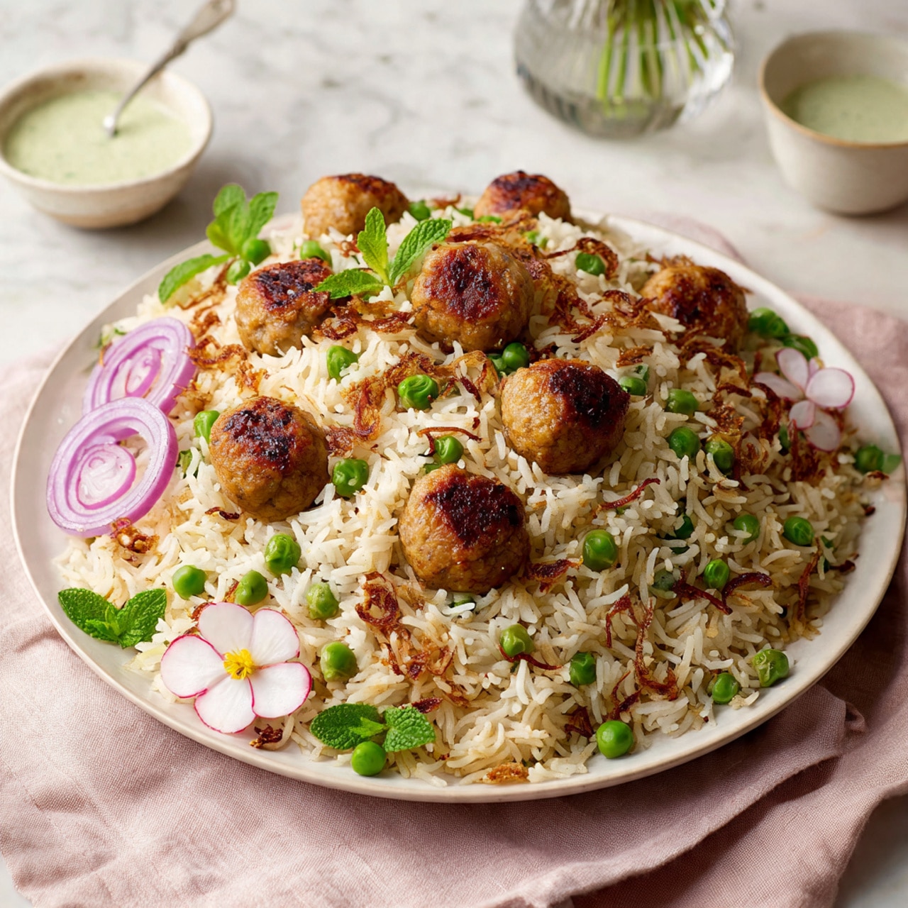 A large white plate filled with a mound of cooked, fluffy white rice mixed with small green peas and round light brown meatballs. The rice is speckled with thin, crispy, golden-brown fried onion slices scattered on top and through the dish. On the front edge of the plate, there is a small garnish made of green herb leaves and a pink and white sliced radish shaped like a flower. The plate sits on a soft pink cloth with a white marbled surface in the background, along with a blurred glass vase containing green leaves. Photo taken with an iphone --ar 4:5 --v 7
