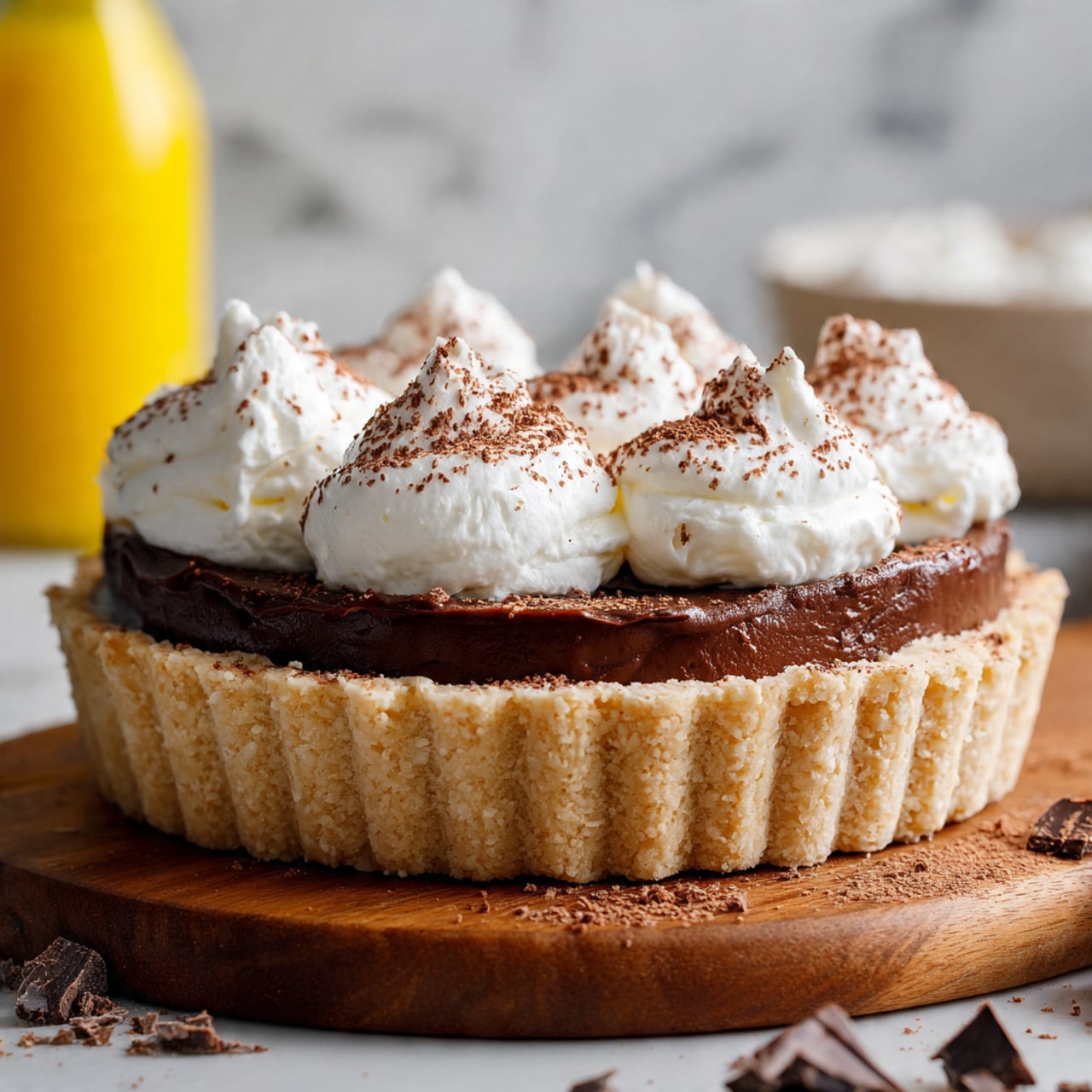 The image shows a slice of chocolate pie on a white plate with a crumbly crust at the bottom. The pie has three main layers: the base is a light beige, crumbly crust; the middle layer is thick, smooth, and dark chocolate filling; the top has dollops of white cream covered with a dusting of cocoa powder creating a rich brown color with soft, rounded shapes. Behind the slice is the full pie with the same layers, placed on a wooden board against a white marbled surface. A rose gold fork rests beside the slice on the plate. Photo taken with an iphone --ar 4:5 --v 7