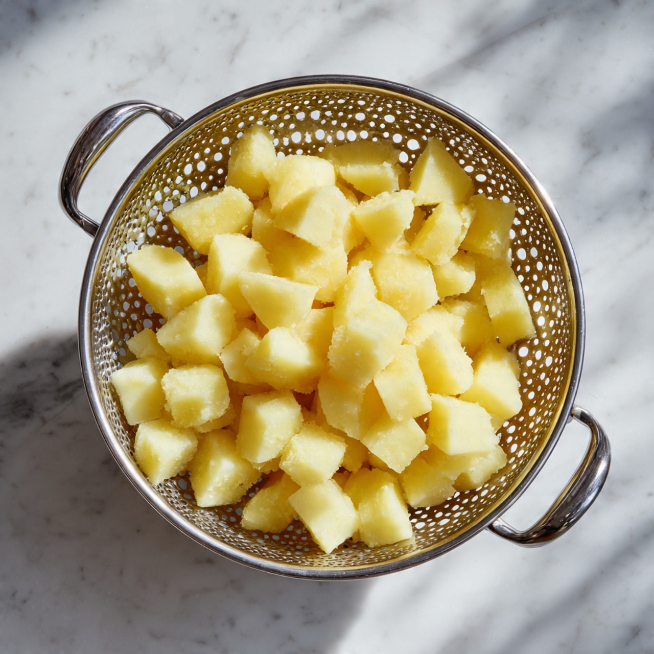 A metal colander filled with evenly sized cubes of pale yellow cooked potatoes. The colander has two handles and small round holes on its surface. This is placed on a white marbled textured surface, and the light makes the potatoes look soft and moist. photo taken with an iphone --ar 4:5 --v 7