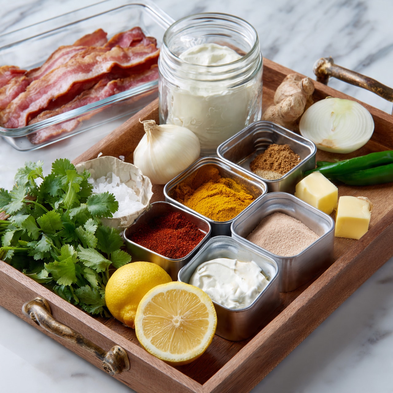 The image shows six grilled meat skewers with a brown, slightly shiny surface, resting on fresh green spinach leaves and sliced cucumber rounds arranged at the bottom of a white round plate. There are two lemon wedges placed near the edge of the plate to the right. Behind the main plate, there is a smaller white round plate on a wooden round board holding two dark brown grilled meat pieces and a folded pale beige flatbread with light brown spots, with some cilantro leaves on the side. To the left in front, a small white flower-shaped bowl contains thin orange carrot sticks. There is also a clear glass of water and a bottle with condensation visible on the left side. The setting is on a white marbled surface with a colorful printed cloth underneath. Photo taken with an iphone --ar 4:5 --v 7