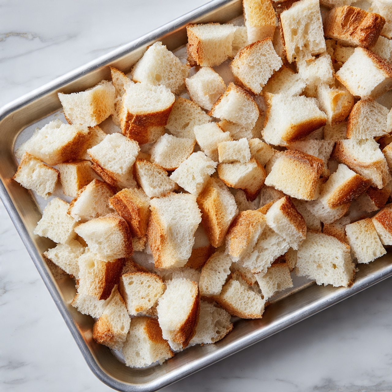 A large silver baking tray is filled with many pieces of torn white bread spread out evenly. The bread pieces are light beige with some slightly golden-brown edges, showing a fluffy texture inside and a crisp crust on the outside. The tray is placed on a white marbled surface. photo taken with an iphone --ar 4:5 --v 7