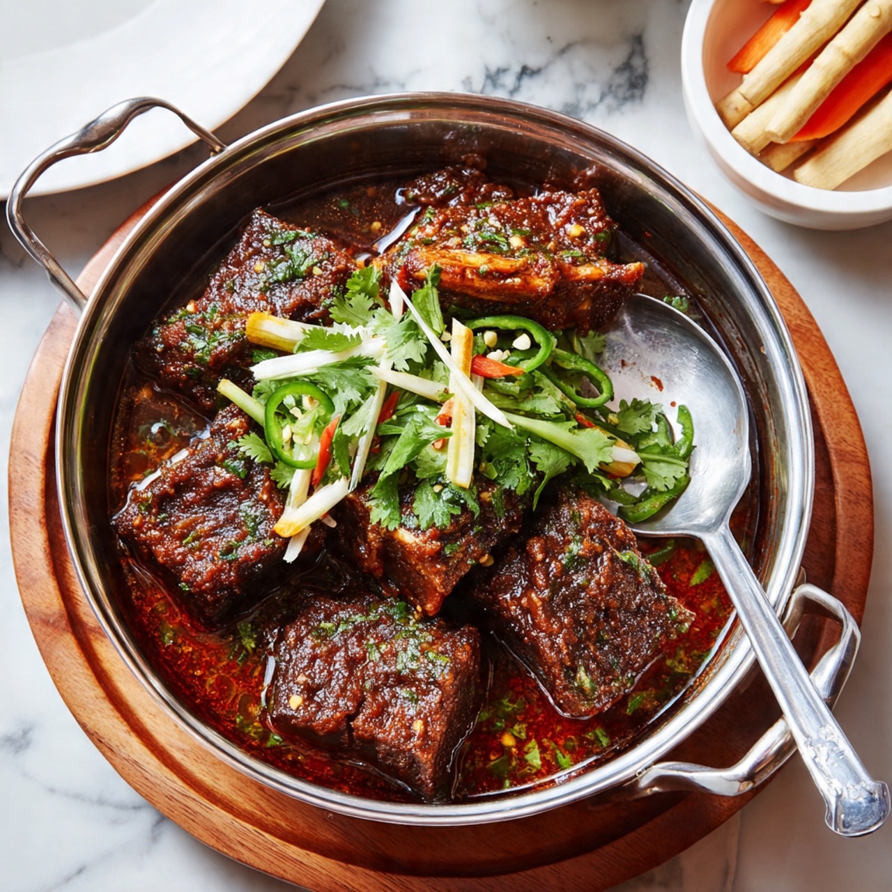 A metal round pot filled with three to four thick chunks of reddish-brown cooked meat, coated in a textured, rich, thick sauce speckled with green herbs. Thin pale strips of ginger and bright green slices of chili pepper with visible white seeds are scattered on top, along with fresh green cilantro leaves. A large silver spoon rests inside the pot. The pot sits on a wooden board, with a small white bowl containing pale root sticks and a carrot in the background, all on a white marbled surface. photo taken with an iphone --ar 4:5 --v 7