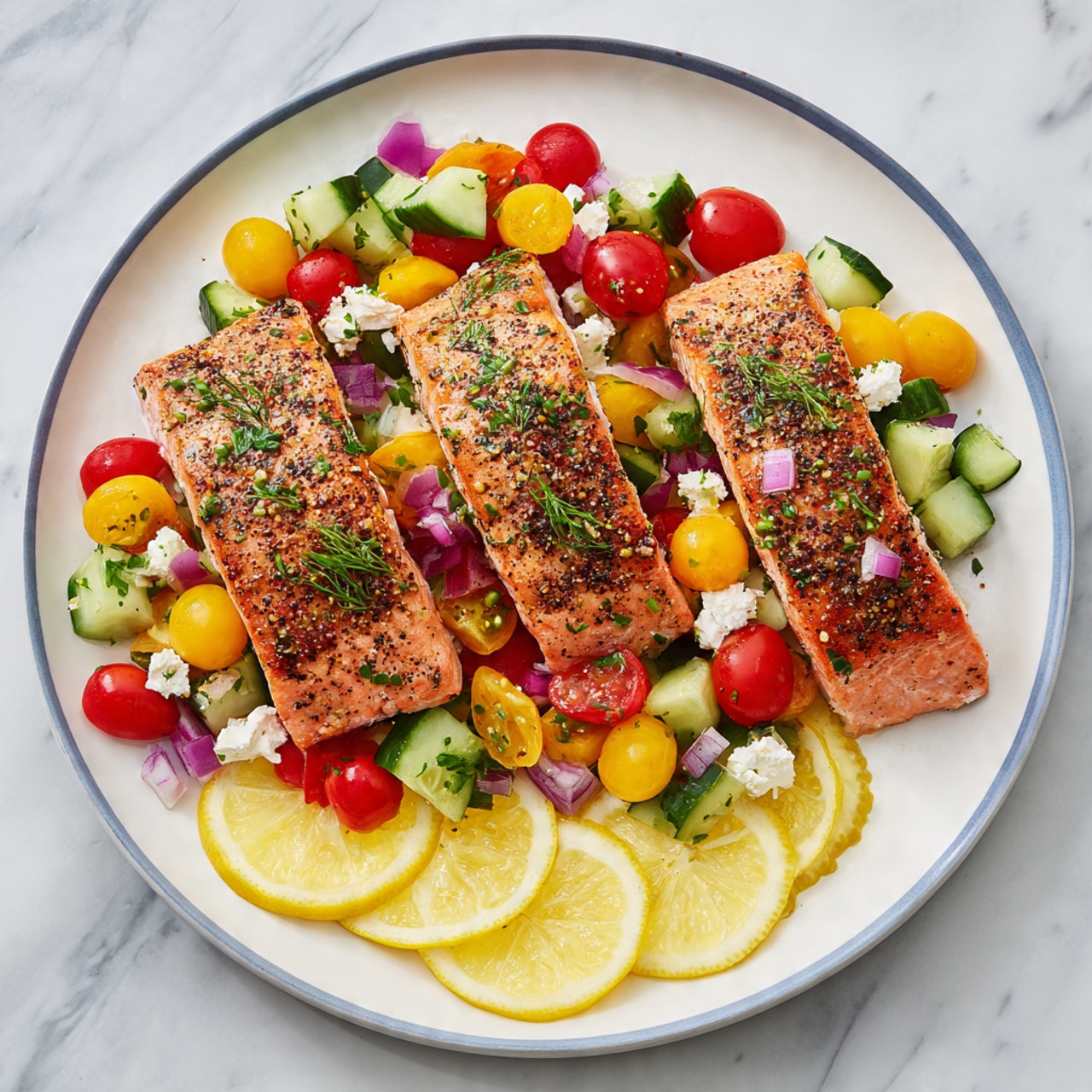 A piece of cooked salmon fillet with light orange color and a crisp, speckled black seasoning top layer sits slightly angled on a white plate. On top of the salmon is a colorful salad of halved yellow and red cherry tomatoes, chopped red onions, green scallions, olives, and small white cheese bits, giving a fresh, textured look. More of this salad is spread beside the salmon on the plate. A fork is gently lifting a bite of the salmon with salad, and slices of lemon with green jalapeño slices appear on the edge of the plate. The whole scene rests on a white marbled surface. photo taken with an iphone --ar 4:5 --v 7