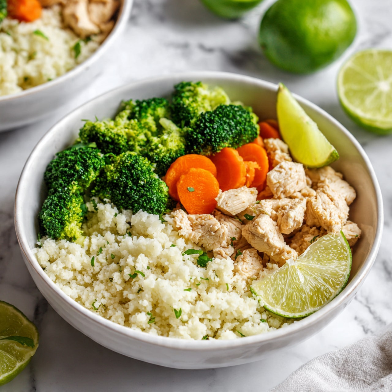 The image shows a black cast iron pan filled with colorful curry made of several layers. The base layer is creamy yellow curry sauce with a smooth texture. On top are chunks of orange carrot, green broccoli florets, and yellow squash pieces scattered throughout. Light brown pieces of cooked chicken are spread evenly in the curry. There are also three green lime wedges placed on the surface in different spots. The pan sits on a white marbled surface, next to a dark green cloth and some fresh green leaves. In the background, there are blurred halves of lime. Photo taken with an iphone --ar 4:5 --v 7