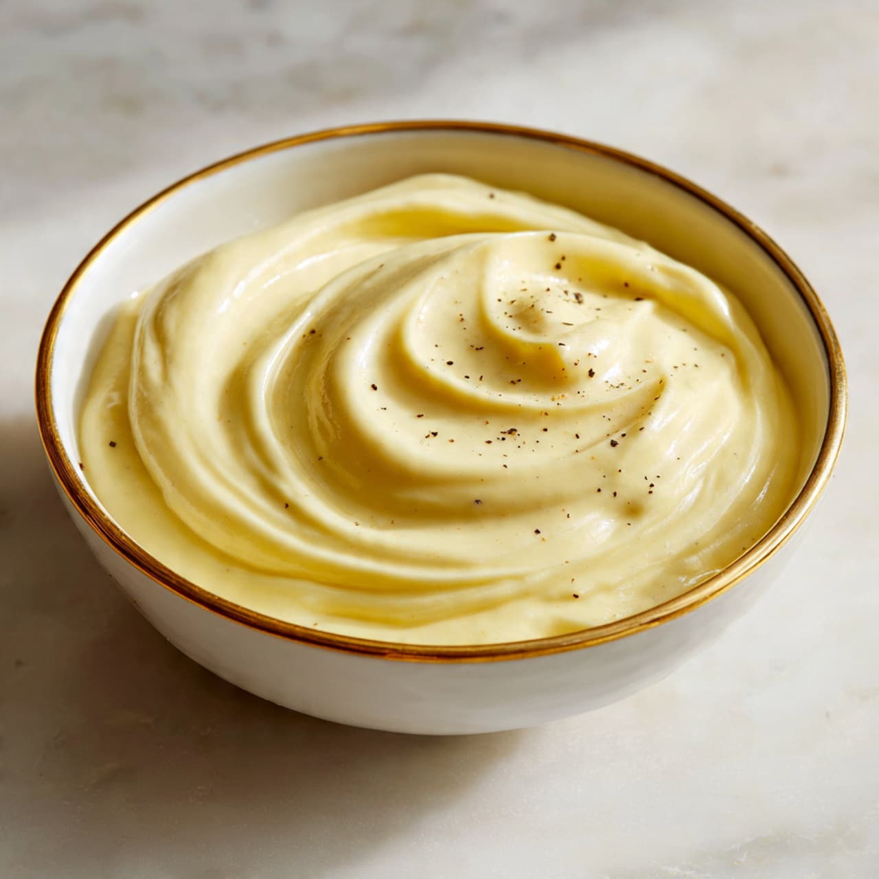 A small white porcelain bowl filled with a smooth, pale yellow buttercream, swirled into soft peaks. The bowl sits on a white plate decorated with colorful butterflies, flowers, and leaves along the rim. In the background, there are two round, golden-brown biscuits resting on a white marbled surface, along with a small portion of a matching porcelain teapot visible on the left. A soft pink cloth and a gold spoon are partly visible at the bottom left corner. The whole scene is bright and softly lit, creating a cozy, inviting feel. photo taken with an iphone --ar 4:5 --v 7