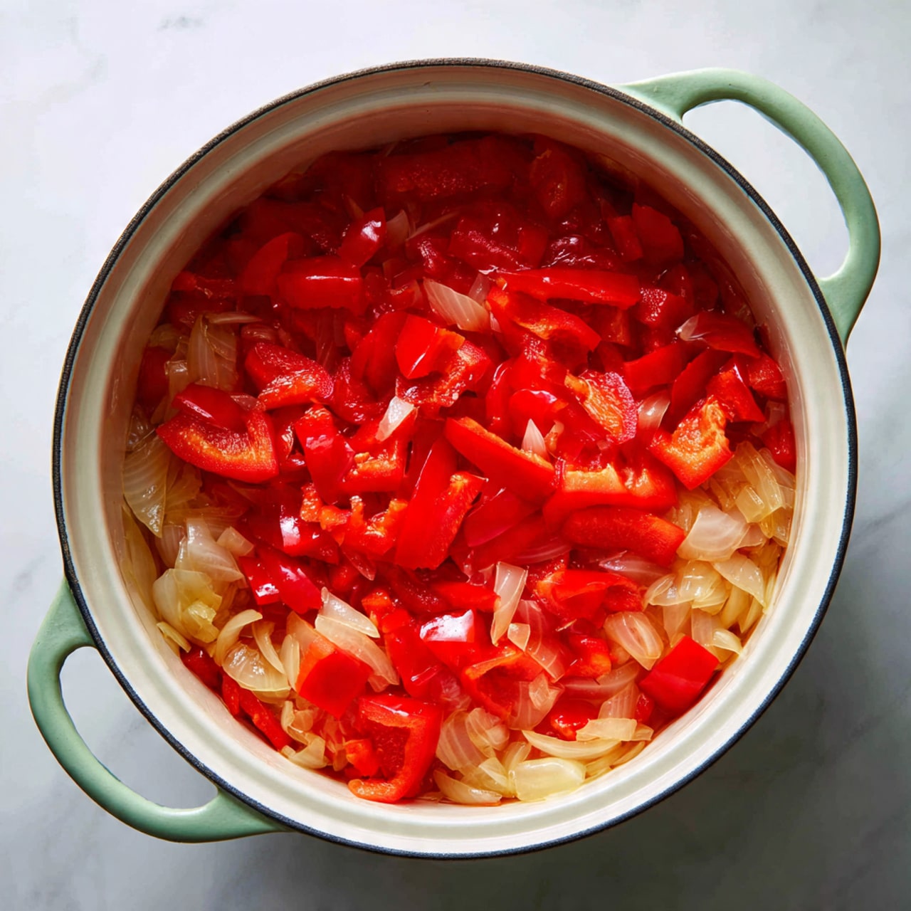 A white pot with light green handles sits on a white marbled surface, filled with a mixture of chopped white onions and bright red bell peppers cooking together. The onions appear soft and slightly translucent, creating a smooth, glossy layer at the bottom and sides of the pot, while the red bell peppers add a fresh, vibrant patchy layer on top with their shiny and slightly tender texture. The contrast between the pale onions and the colorful peppers creates a lively and warm visual in the pot. photo taken with an iphone --ar 4:5 --v 7