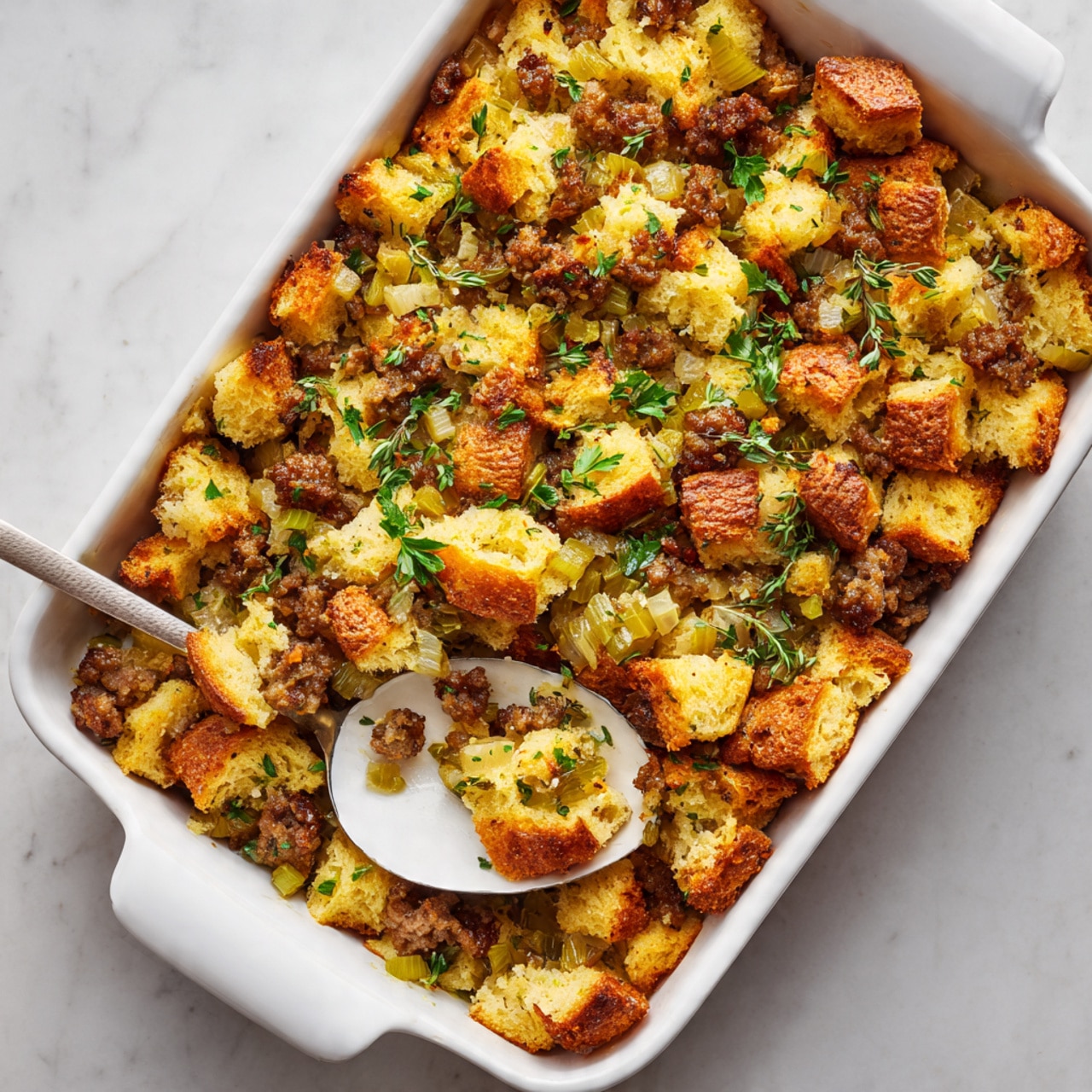 This image shows a white baking dish filled with a golden-brown baked mixture made of irregular chunks and pieces. The dish has multiple layers of ingredient clumps with soft textures, including light golden bread pieces, small browned bits of cooked sausage, and diced green celery scattered evenly throughout. The top layer is sprinkled with fresh green herb leaves and some thyme sprigs laid on top for garnish. The baking dish is placed on a white marbled surface, and a white spoon is scooping a portion from the bottom left corner. Photo taken with an iphone --ar 4:5 --v 7