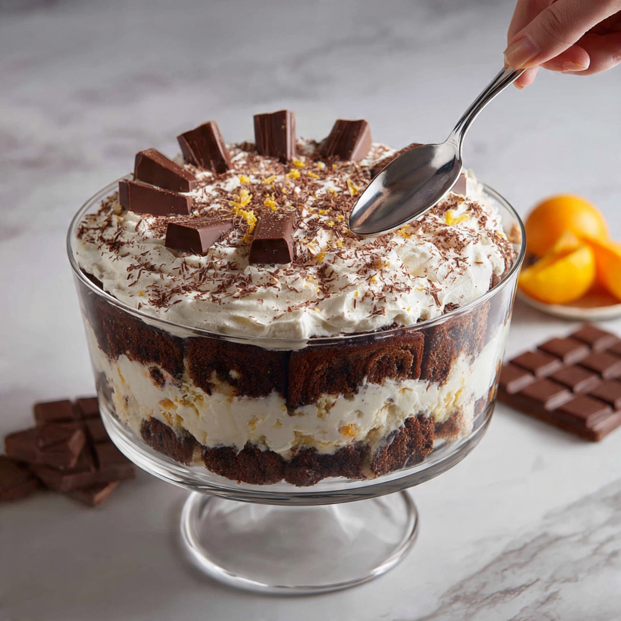 This dessert is shown in a clear glass trifle bowl with a short stem, placed on a white marbled surface. The bottom layer consists of chocolate and vanilla swirl cake rolls arranged vertically in a circle, showing the spiral pattern. Above that is a layer of bright orange fruit pieces, followed by a smooth chocolate creamy layer. On top of the chocolate layer is a thick white whipped cream layer spread evenly around the bowl's edge with a textured, fluffy look. Dark chocolate pieces are placed vertically around the top edge, with small yellow bits sprinkled over the cream. The background is a white marbled texture. Photo taken with an iphone --ar 4:5 --v 7