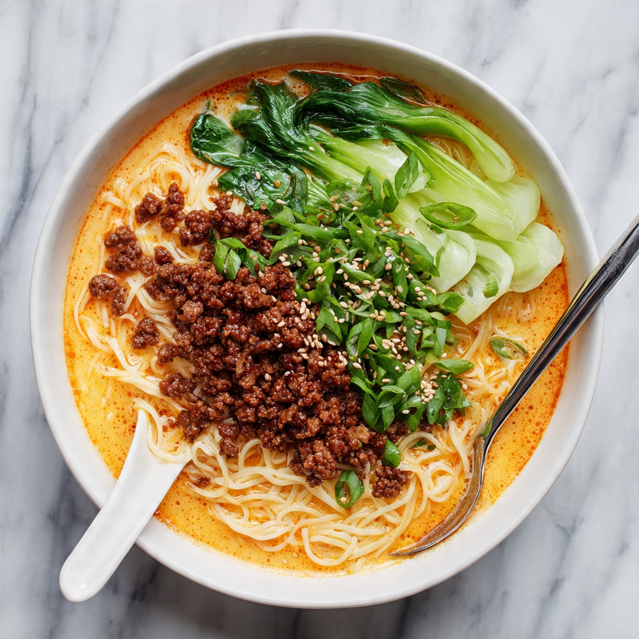 A bowl filled with several layers of food starting from long, thin noodles soaked in a creamy orange broth at the bottom. On top of the noodles, there are small brown pieces of cooked minced meat scattered mostly on one side. Fresh green herbs and chopped scallions are spread over the meat and noodles. To one side, there are sliced light green vegetables, topped with a sprinkling of sesame seeds. A silver spoon is partially resting in the bowl, with a white handle visible. The bowl is white, and it sits on a surface with a white marbled texture. Photo taken with an iphone --ar 4:5 --v 7