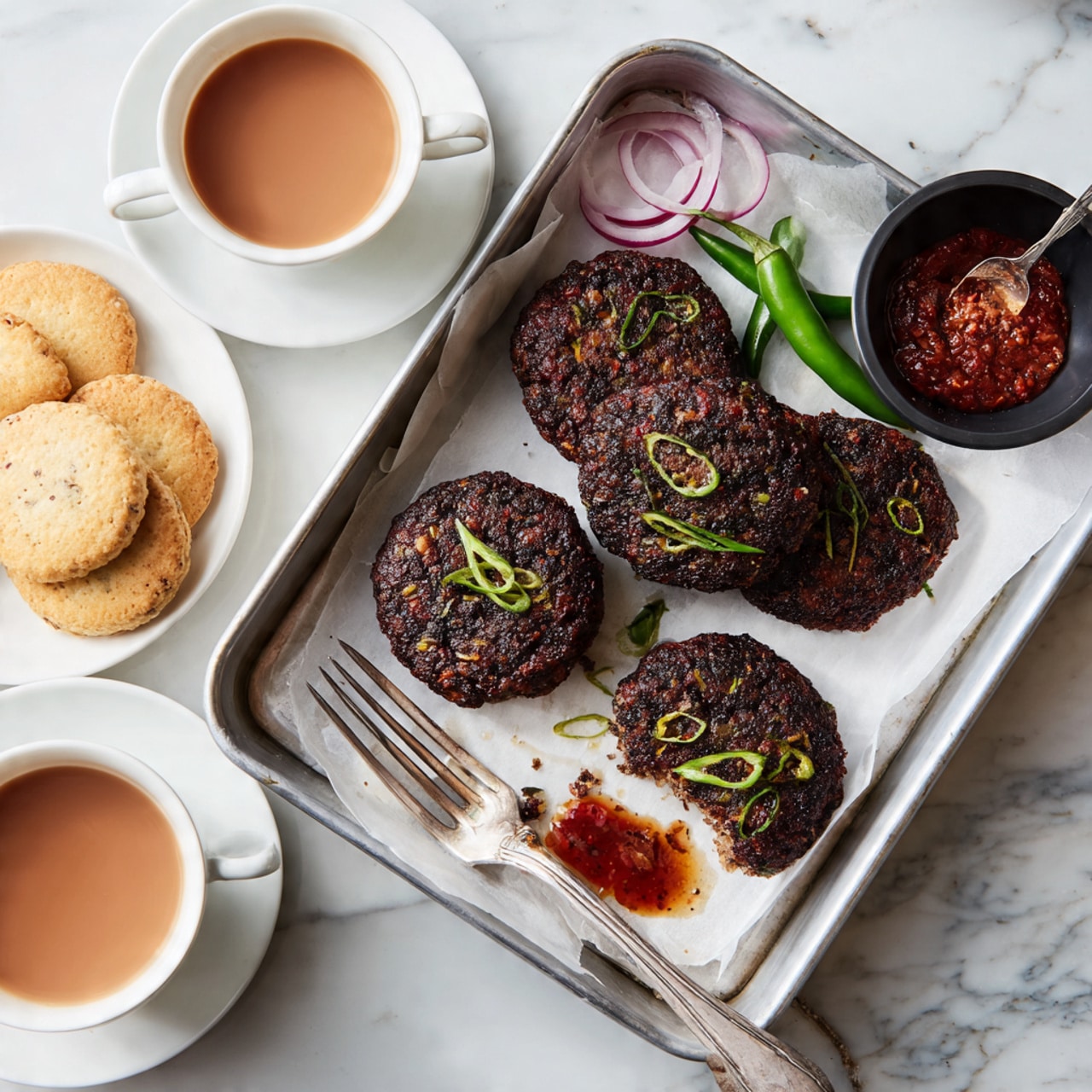 A metal tray lined with white parchment holds four dark brown, well-cooked patties with green herb bits on top, positioned in the center. Thin slices of red onion and a green chili are arranged around the patties, and a small black bowl with red sauce and a silver spoon is placed near the back. In front of the tray is a white plate with one patty partially eaten, a silver fork resting on the side, and a small puddle of red sauce nearby. Two white cups filled with light brown tea are nearby, along with a white bowl holding plain round cookies. The whole scene is set on a white marbled surface. photo taken with an iphone --ar 4:5 --v 7