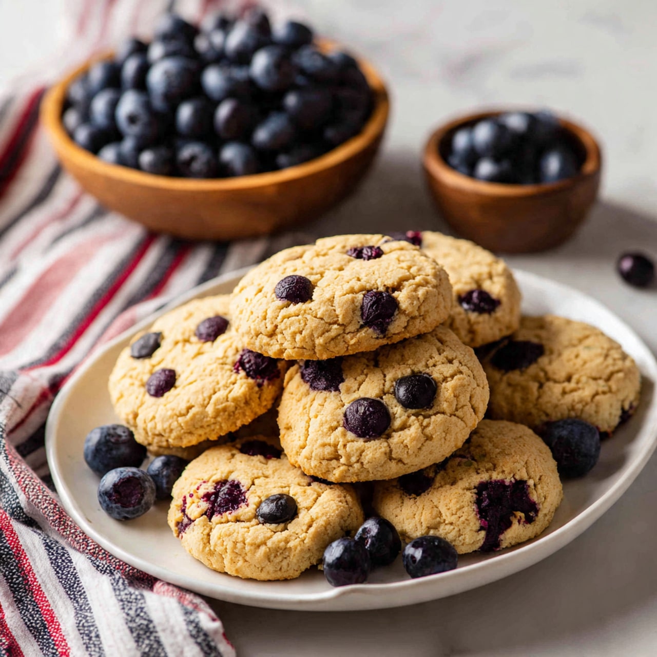 The image shows a baking tray filled with round, golden-yellow blueberry cookies. Each cookie has 5 to 7 whole blueberries on top, with a slightly cracked surface revealing the soft texture inside. Loose blueberries are scattered around the tray for decoration. In the background, a wooden bowl filled with blueberries sits on a white marbled surface next to a beige towel with red and blue stripes. The scene is bright and natural, focusing closely on the cookies and blueberries. photo taken with an iphone --ar 4:5 --v 7