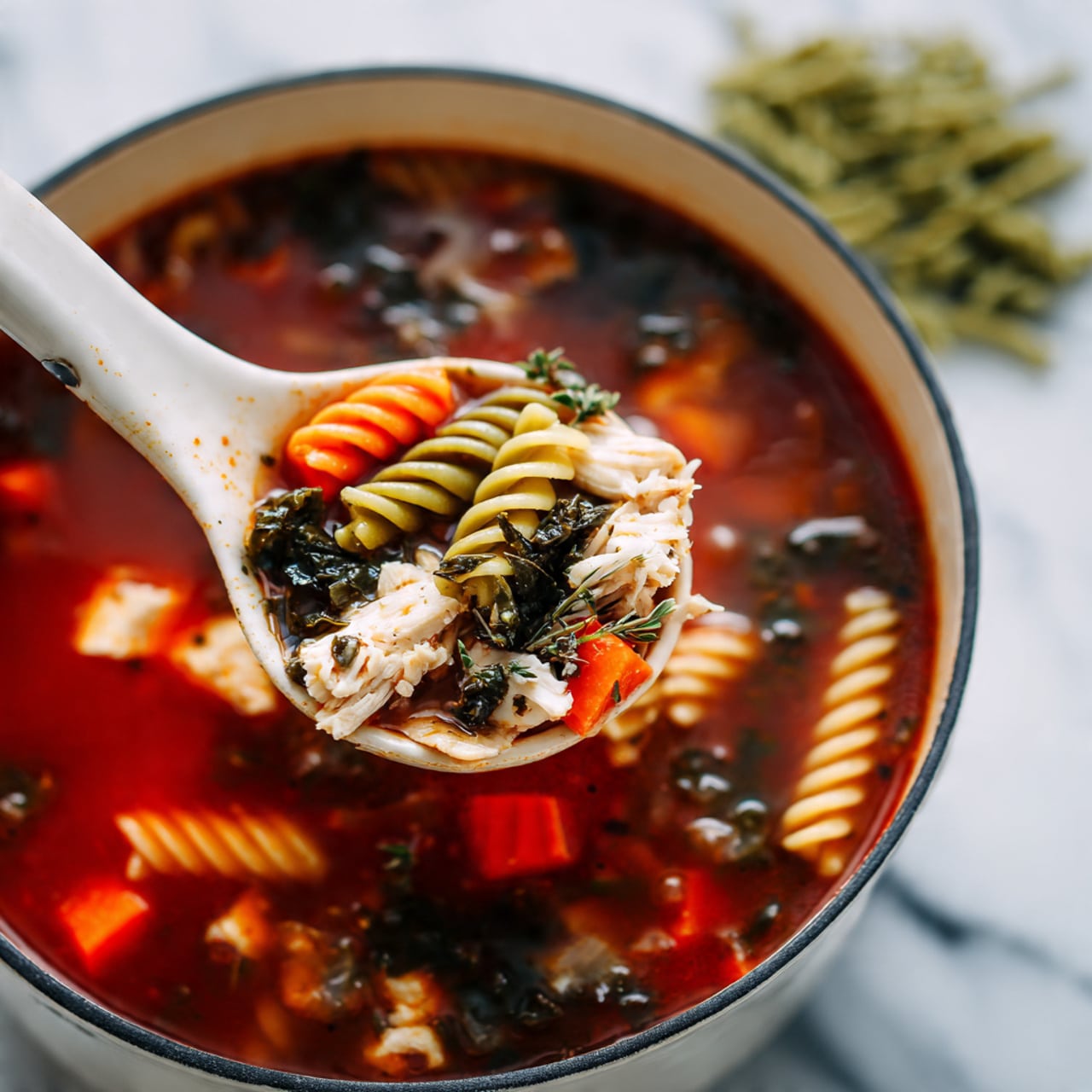 The image shows a close-up of a white pot filled with tomato soup mixed with green spiral-shaped noodles, small white chunks of chicken, dark-green leafy vegetables, and diced orange carrots. A white spoon is inside the pot, holding some soup with noodles, chicken pieces, and vegetables. The soup base is rich red with some visible herbs floating on top. The pot sits on a white marbled surface with a small pile of raw green noodles in the background. photo taken with an iphone --ar 4:5 --v 7