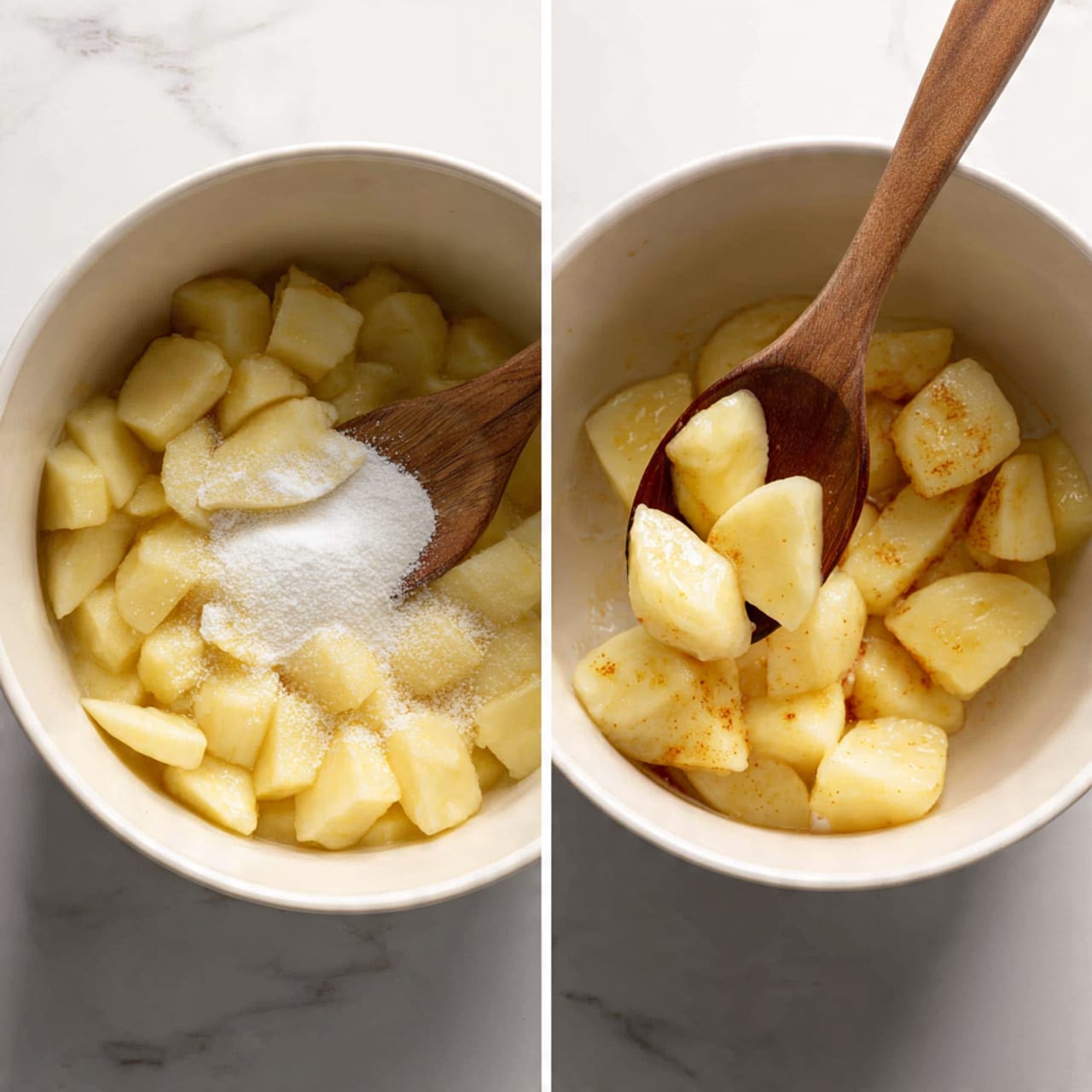 The image shows two close-up views of a white pot filled with pale yellow apple pieces. In the first part, the apples are chunky and spread out with a pile of white sugar sprinkled on top, sitting in the center. In the second part, the apples have been stirred, revealing a mix of smooth pale yellow and some light brown spots on the apple pieces. A wooden spoon is inside the pot, holding a piece of apple above the rest. The background is a white marbled texture photo taken with an iphone --ar 4:5 --v 7
