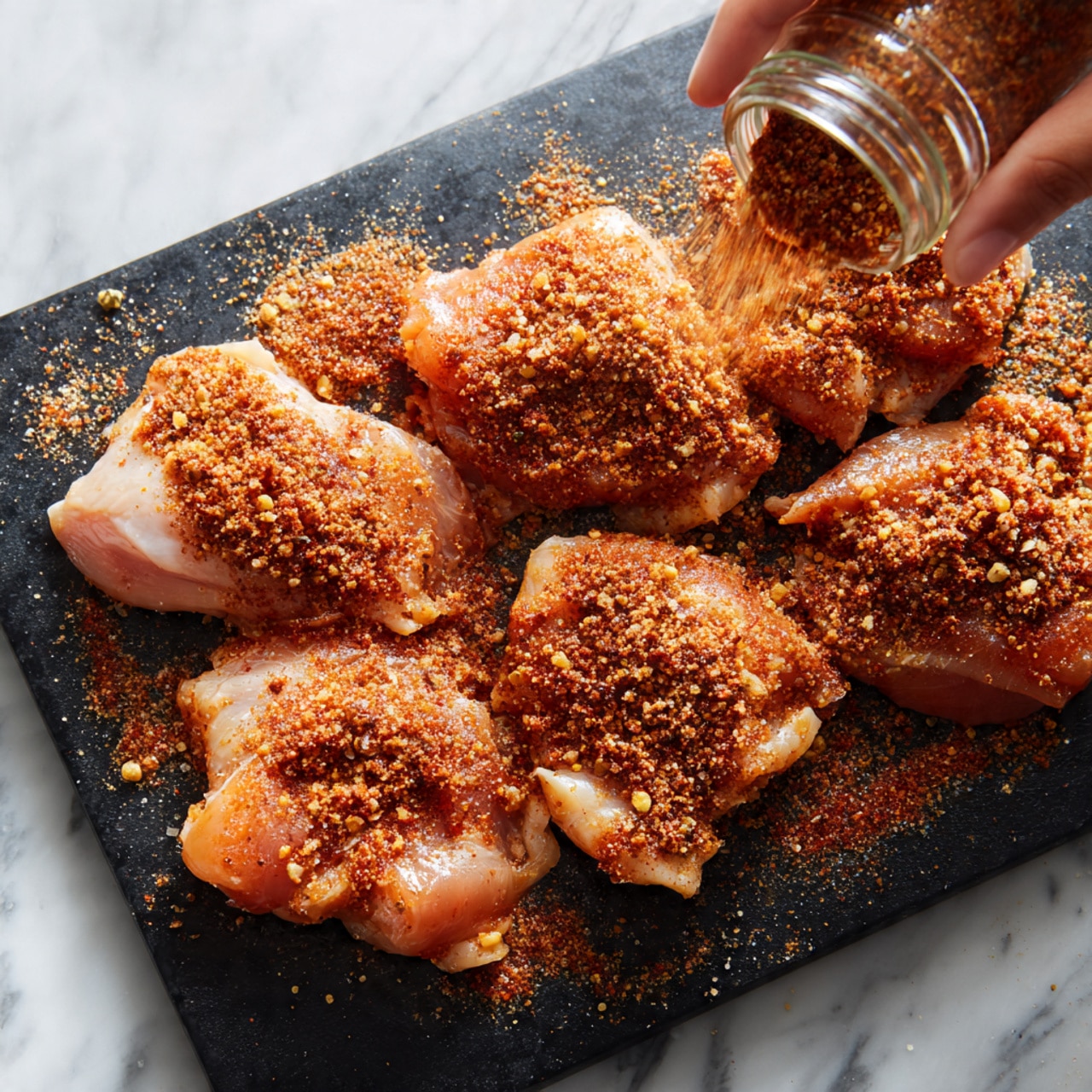 Raw chicken pieces lie scattered on a black cutting board, each covered with a thick layer of reddish-brown spice powder that has a grainy texture. The chicken pieces are pale pink with some parts showing a slight sheen that reflects light. A woman's hand holding a spice jar is sprinkling more powder from above, creating small piles on the chicken. The surface under the board is a clean white marbled texture, and the scene is lit by natural light that casts soft shadows, highlighting the contrast between the raw chicken and the spice. photo taken with an iphone --ar 4:5 --v 7