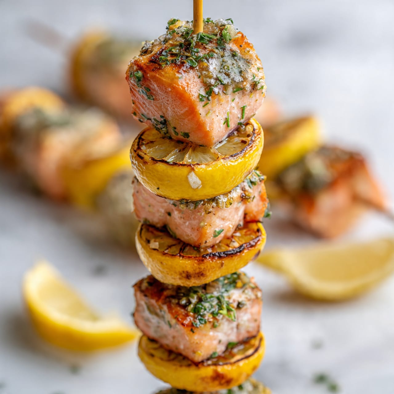 The image shows five skewers arranged vertically on a white rectangular plate, each skewer layered with three pieces of pinkish-orange grilled salmon and three yellow lemon slices evenly spaced between the salmon pieces. Small green parsley flakes are sprinkled over the salmon, adding a touch of color. The plate is placed on a white marbled surface, surrounded by lemon wedges on the left, a white bowl with small red tomatoes at the top, some pepper and salt shakers on the right, and part of a white bowl with yellow rice at the bottom right. A woman's hand is visible at the bottom, slightly holding the plate photo taken with an iphone --ar 4:5 --v 7