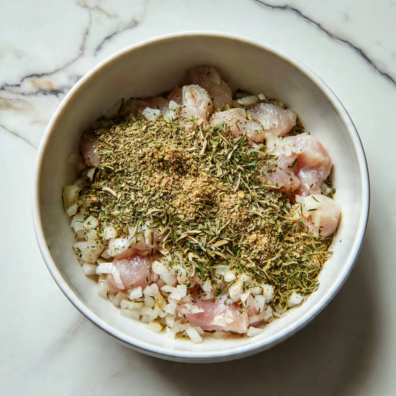 A large white pot filled with a creamy orange soup dotted with bright green spinach leaves, small light beige cubes of chicken, and darker red sun-dried tomato pieces scattered throughout the rich broth. The soup has a slightly thick texture with a smooth surface, showing bits of onion and herbs spread evenly. The background is a white marbled surface with a small wooden bowl of green dried herbs placed near the pot’s handle. A mustard yellow cloth with fringed edges lies beside the pot. Photo taken with an iphone --ar 4:5 --v 7