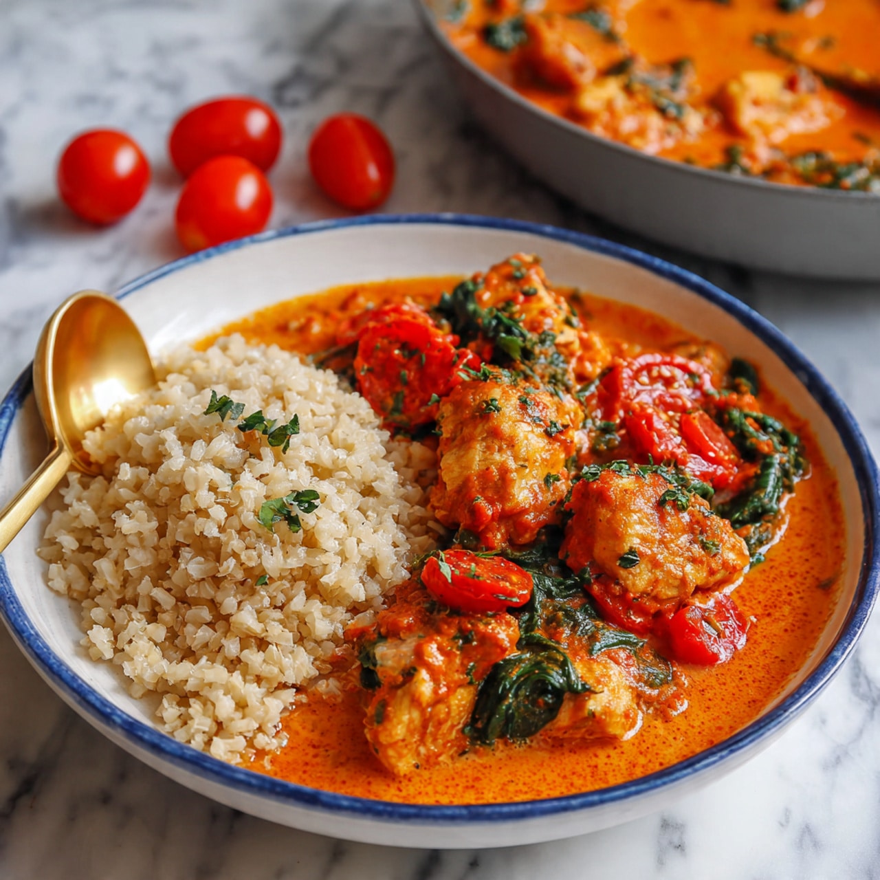 A white bowl with a blue rim is filled with two layers: on the left side, there is a pile of light beige cooked rice with a grainy texture and some green herbs sprinkled on top. On the right side, a thick orange-red sauce covers several pieces of chicken, with bright red whole cherry tomatoes and dark green wilted spinach leaves mixed in. The sauce looks creamy and speckled with spices. A gold spoon rests on the left side of the bowl, and three loose cherry tomatoes are placed on a white marbled surface beside the bowl. In the background, a gray pan contains more of the same orange-red sauce with chicken and spinach in a blurred view. Photo taken with an iphone --ar 4:5 --v 7