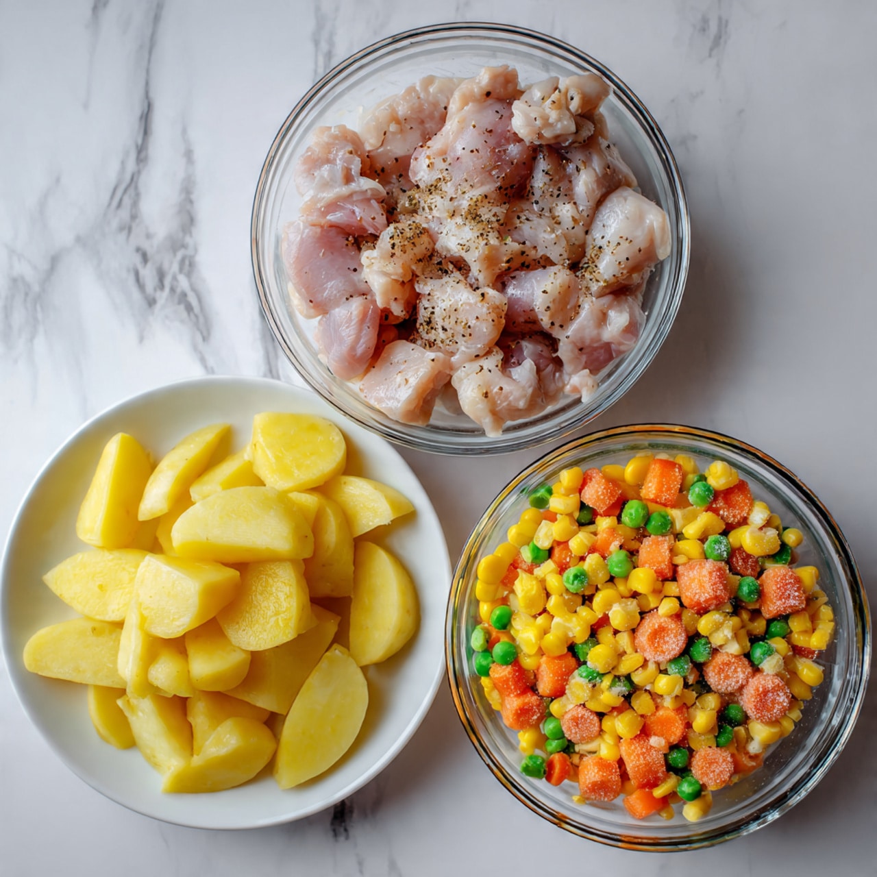 The image shows three separate white dishes on a white marbled surface. The top dish is a clear glass bowl filled with raw chicken pieces seasoned lightly with black pepper, with a shiny and slightly wet texture. Below it to the left is a white plate holding peeled potato wedges, cut into thick, uneven slices showing smooth and moist yellowish flesh. To the right is another clear glass bowl filled with frozen mixed vegetables, mostly yellow corn kernels with some small orange carrot cubes and a few green peas, all covered lightly in frost crystals. Photo taken with an iphone --ar 4:5 --v 7