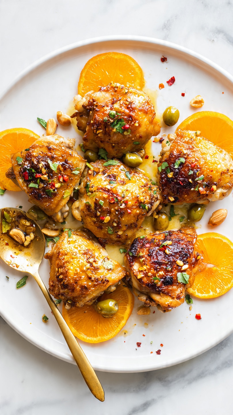 A white plate holds six pieces of cooked chicken thighs with golden brown, crispy skin, arranged in a circular pattern. Underneath and between the chicken pieces, there are several thin orange slices, adding bright orange accents to the dish. Scattered around the plate are plump green olives, adding a shiny, smooth texture and a pop of green color. The dish is topped with some light red chili flakes and small almond-like nuts for extra texture and color. A golden spoon rests on the left edge of the plate, partly covered with a light, glossy sauce that pools slightly around the chicken and other ingredients. The surface is a white marbled texture. photo taken with an iphone --ar 4:5 --v 7