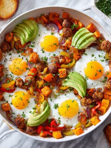 Sweet Potato Hash with Peppers, Onions, and Fried Eggs Recipe