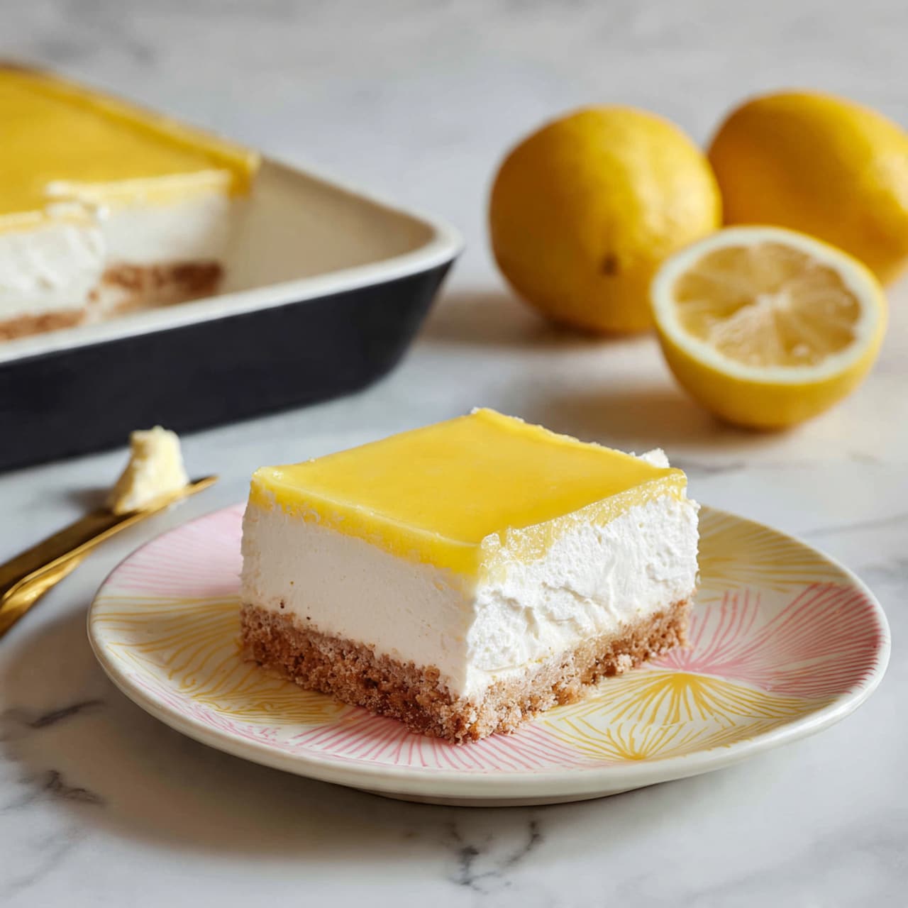 A square piece of dessert on a white plate with a light blue center shows three visible layers: the bottom layer is light beige with a soft, spongy texture, the middle layer is thick and creamy white, and the top layer is a smooth, shiny yellow glaze that gently drapes over the edges. There is a golden spoon placed on the plate near the dessert. In the background, a black rectangular pan with more of the same dessert is softly out of focus on a white marbled surface, along with a yellow lemon. Photo taken with an iphone --ar 4:5 --v 7