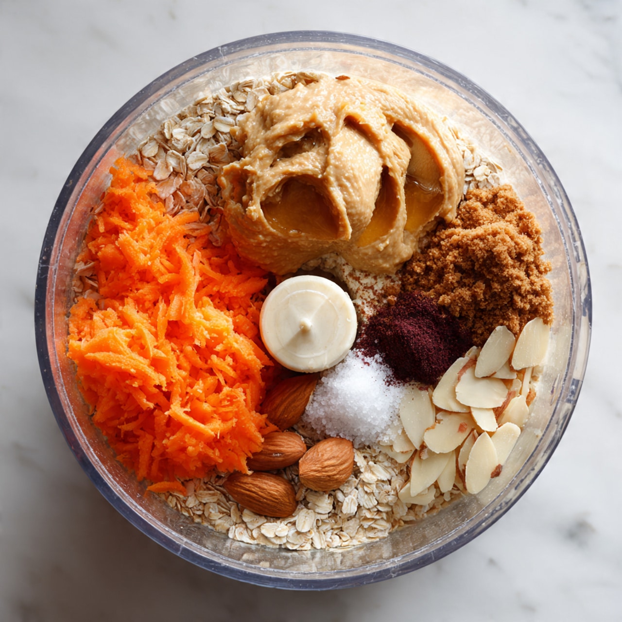 A clear food processor bowl sits on a white marble surface, filled with several ingredients layered separately inside. The bottom layer is light beige rolled oats covering the entire base. On one side, finely shredded bright orange carrots rest in a mound. Near it are creamy, light brown almond butter dolloped thickly with honey pooling slightly on top. There is also a small pile of dark brown cinnamon powder next to the almond butter and a pinch of white salt nearby. A few pale, thin almond slices are scattered around the center, all visible under soft, natural light. Photo taken with an iphone --ar 4:5 --v 7
