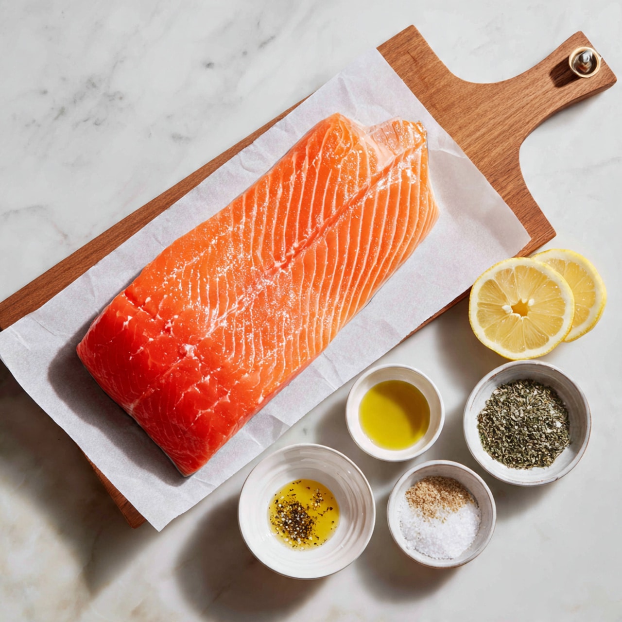 The image shows a skewer holding alternating layers of grilled salmon pieces and lemon slices. There are four salmon pieces, each with a pinkish-orange color and small bits of green herbs on top, giving a textured look. Between each salmon piece is a bright yellow lemon slice with visible seeds and a slightly charred edge. The skewer is held vertically, with a blurred background featuring more skewers and a light, softly focused setting with a white marbled surface beneath. The overall look is fresh and colorful. Photo taken with an iphone --ar 4:5 --v 7