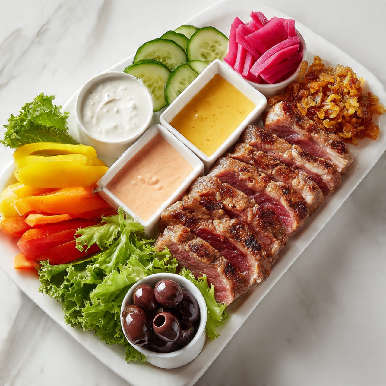 The image shows a white rectangular plate filled with several layers of sliced grilled meat at the bottom right, cooked with a brown crust and a juicy pink center. To the top right corner of the plate, there is a small white bowl of toasted garlic bits that are golden brown. Next to it, a small bowl of creamy white sauce with a smooth texture is placed. To the left of that, there is a small white bowl of pinkish-orange creamy sauce. In the middle, bright pink rectangular pieces of pickled radish are stacked. Above them, several slices of green cucumber are placed alongside yellow pickled peppers. On the top left side, fresh green lettuce leaves create a leafy layer, with slices of red tomato next to it. Alongside the tomato are bright orange carrot sticks, and thin green celery sticks are placed beside the carrots. Near the front left corner of the plate, a small white bowl is filled with shiny black olives. The entire plate is on a white marbled surface. Photo taken with an iphone --ar 4:5 --v 7
