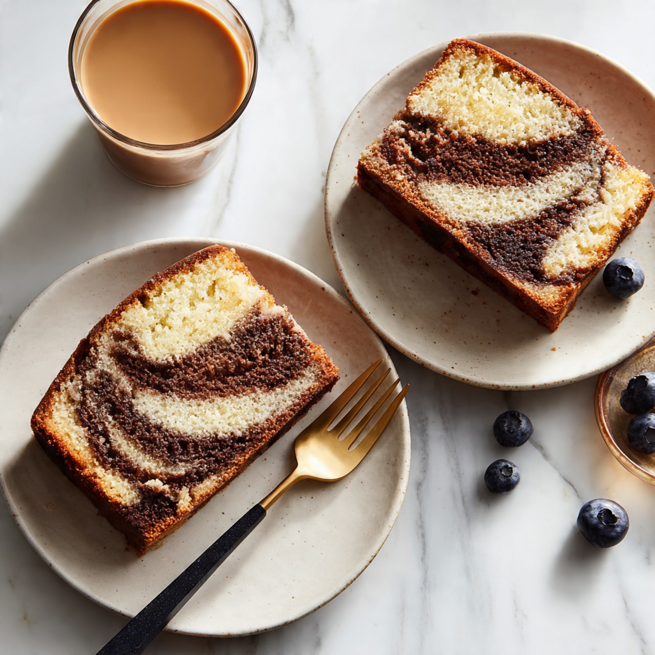 A loaf of marble cake sits in a dark baking pan lined with brown parchment paper, the top showing a blend of light golden and dark brown swirls with a cracked surface. The cake's texture looks soft and spongy with a slightly raised center and a mix of smooth and crumbly areas on the crust. The background is blurred but shows a glass vase with green stems inside, placed on a white marbled surface. Photo taken with an iphone --ar 4:5 --v 7