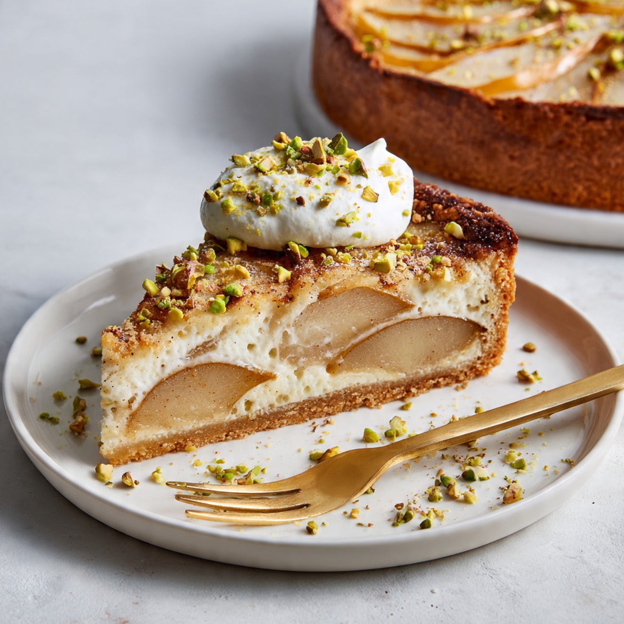 A round tart with a golden-brown crust sits on a white plate with a dotted edge. The tart has seven yellowish, glossy fruit halves embedded evenly across the top layer, surrounded by a dark brown baked filling. The surface is sprinkled with small green chopped nuts, giving a crunchy texture contrast. The background features a white marbled surface and a white bowl with more chopped nuts on the side. Photo taken with an iphone --ar 4:5 --v 7