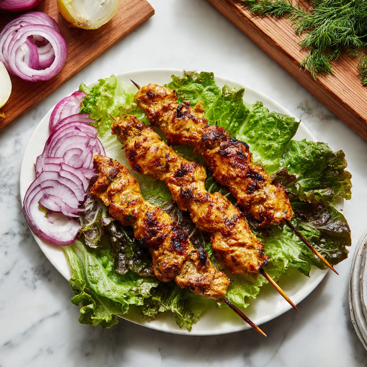 Three grilled meat skewers rest on a bed of green leafy lettuce on a white plate. The skewers have a golden-brown, slightly charred texture with pieces of meat that look soft and juicy. The lettuce underneath is fresh and vibrant, with dark and light green shades adding contrast. To the left side of the plate, thin, circular slices of bright purple and white onion add a pop of color. In the background, atop a wooden cutting board set on a white marbled surface, there are additional onion halves and some leafy herbs, slightly blurred. Photo taken with an iphone --ar 4:5 --v 7