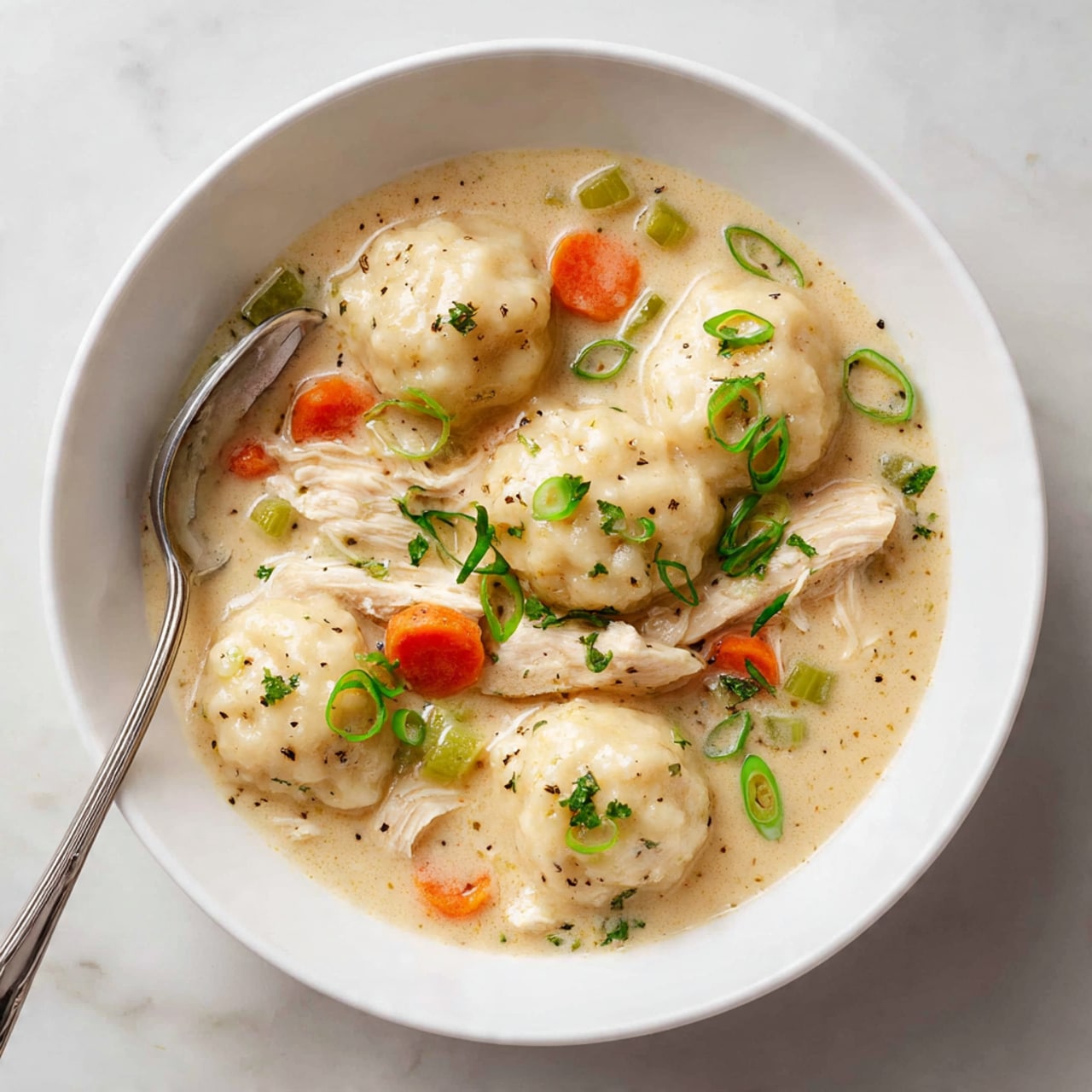 A white bowl filled with creamy chicken and dumpling soup placed on a white marbled surface. The soup has a light beige creamy broth with visible black pepper and herbs scattered throughout. There are several round white dumplings floating on the surface, along with shredded white chicken pieces and diced orange carrots and green celery pieces mixed in. The dish is sprinkled with small green onion slices, and a silver spoon rests inside the bowl, partially submerged in the soup. photo taken with an iphone --ar 4:5 --v 7