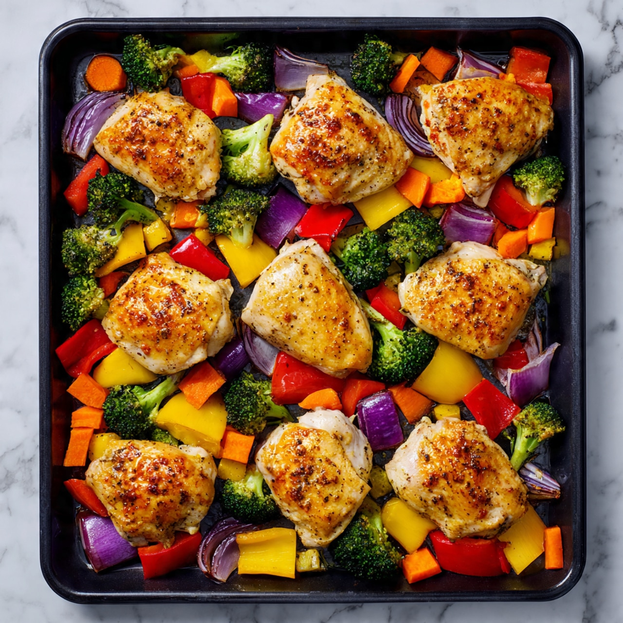 This image shows a black baking tray filled with five golden brown cooked pieces of chicken thighs, each with a lightly crispy texture on top. Scattered around the chicken are colorful roasted vegetables in multiple layers: bright orange carrot slices, deep purple onion wedges, green broccoli florets, red bell pepper strips, and yellow zucchini chunks. The vegetables have a slightly soft texture with some dark roasting spots visible. The tray surfaces show a shiny, slightly oily finish from cooking. The background below the tray is a white marbled texture. photo taken with an iphone --ar 4:5 --v 7