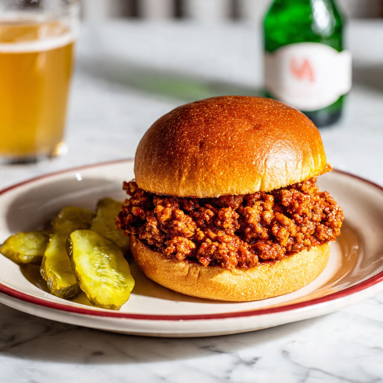 A sloppy joe sandwich with one thick layer of loose cooked ground meat mixed in a reddish-brown sauce sits between a soft golden-brown bun on a round white plate with a red rim. On the side of the plate, there is a slice of yellow pickle. The sandwich and plate are placed on a white marbled surface with a glass of light beer and a green bottle blurred in the background. Photo taken with an iphone --ar 4:5 --v 7