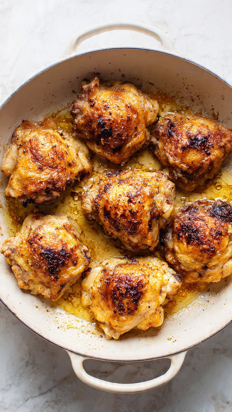 The image shows a white ceramic pan with two handles, filled with eight pieces of cooked chicken thighs. Each chicken piece has a golden brown crispy skin, slightly uneven in shape, and arranged evenly to cover the pan's bottom. The chicken pieces have a light glossy texture from cooking oils and some browned bits around their edges. The background is a white marbled surface. photo taken with an iphone --ar 4:5 --v 7