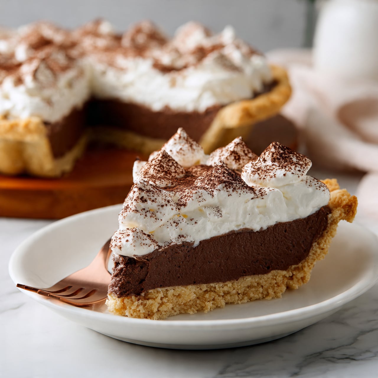 The dessert is a tart with three visible layers. The bottom layer is a crumbly, light beige tart crust with a rough texture, holding the rest of the dessert. The middle layer is a smooth, thick, and glossy dark brown chocolate filling that looks creamy and dense. The top layer has dollops of white whipped cream evenly spaced, sprinkled generously with fine cocoa powder that shapes small brown mounds on top of the cream. The tart is placed on a wooden board with some crumbs scattered around and a yellow bottle in the background. The surface behind has a white marbled texture. photo taken with an iphone --ar 4:5 --v 7
