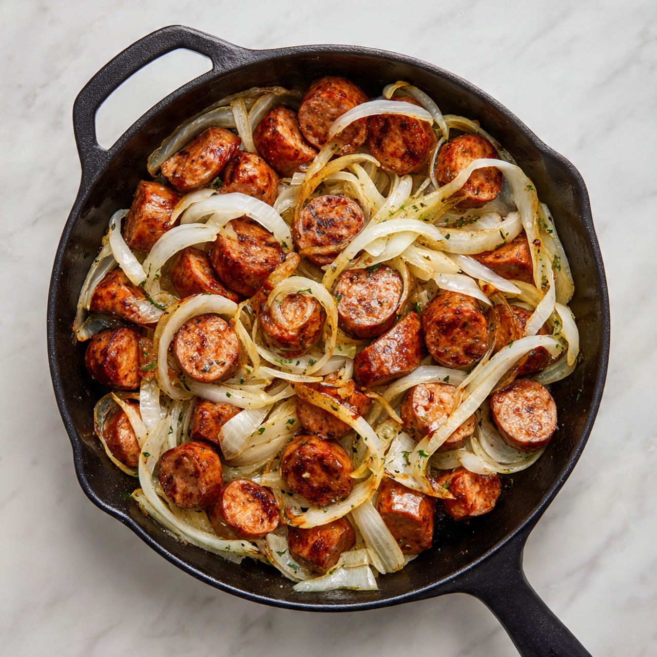 A black cast iron skillet filled with cooked sliced sausages and long thin slices of onions. The sausages are browned with a slightly crispy texture and a warm brown color, scattered evenly throughout the pan. The onion slices are white with a light golden edge from cooking, mixed throughout and lying on top and between the sausage pieces. The skillet is placed on a white marbled surface, creating a clean and simple background. Photo taken with an iphone --ar 4:5 --v 7
